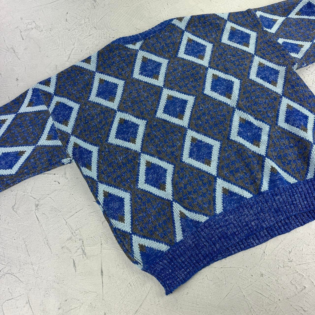 Blue Patterned 80's Knitted Sweatshirt - Medium