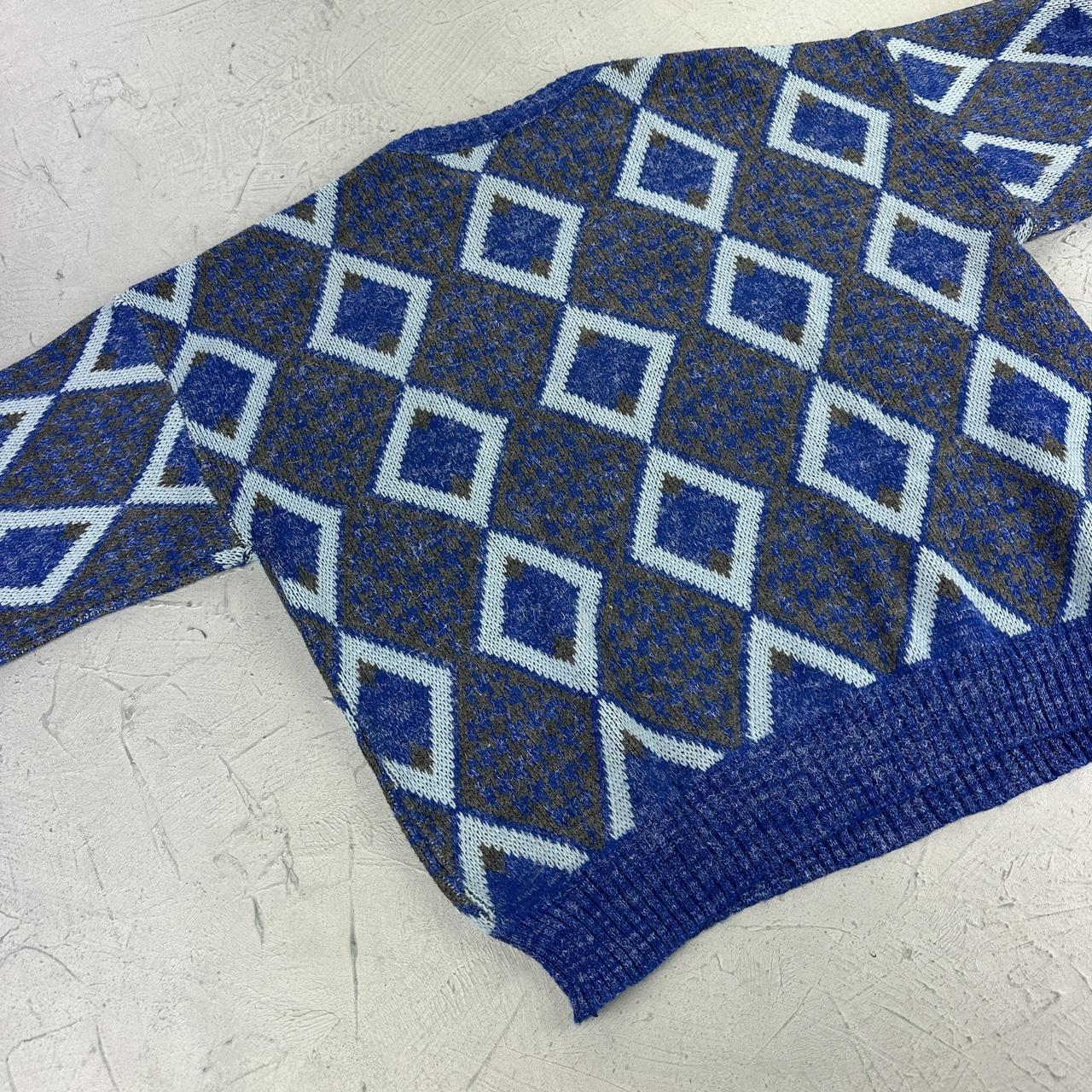 Blue Patterned 80's Knitted Sweatshirt - Medium