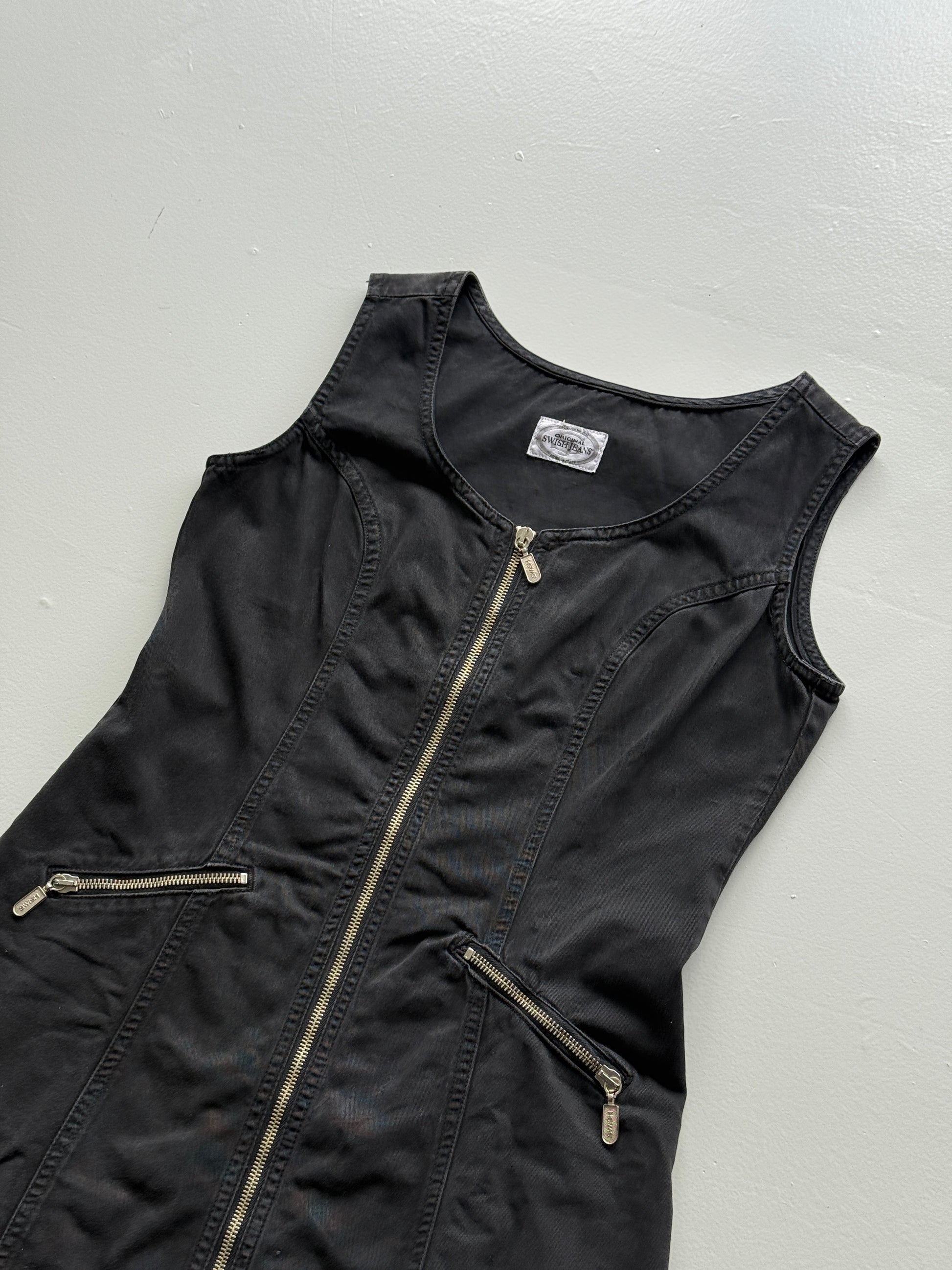 Black Swish Jeans 00's Vintage Y2K Pinafore Mini Dress - Size 8
