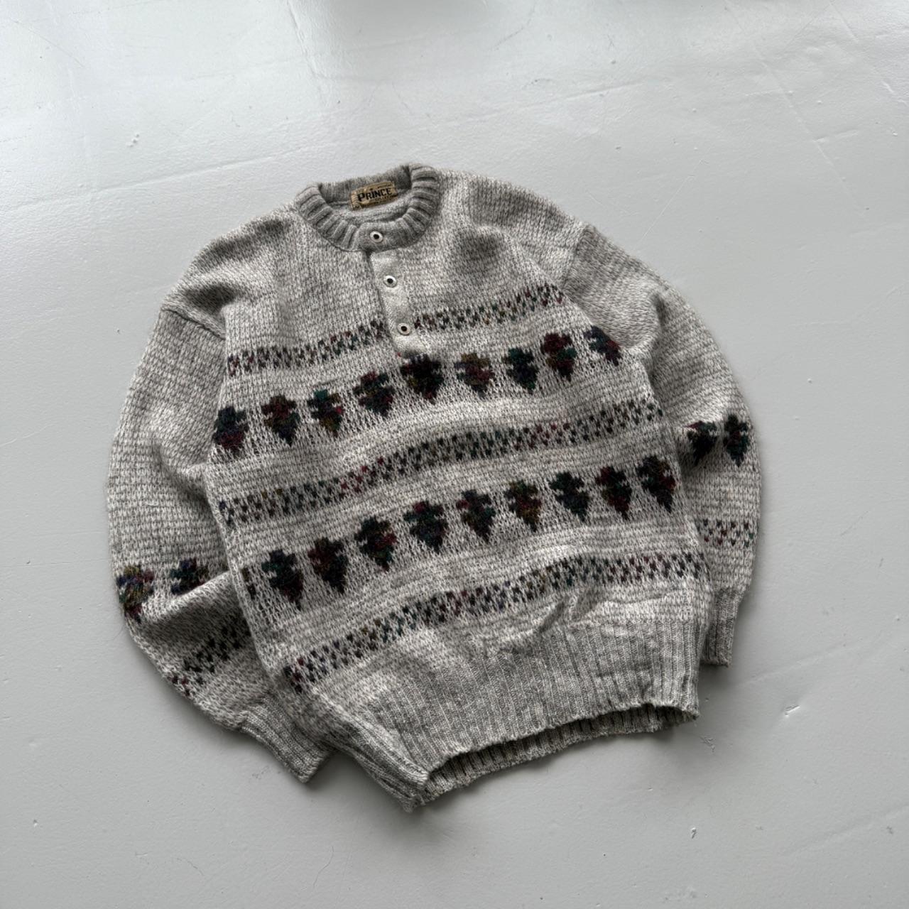 Grey Pattern Knit 80s Vintage Wool Sweatshirt - Medium