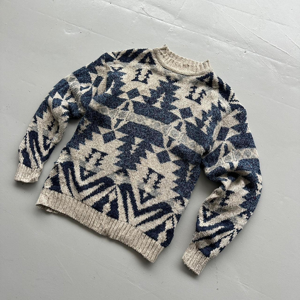 Cream Aztec Patterned 90s Vintage Woollen Knit Jumper - Medium