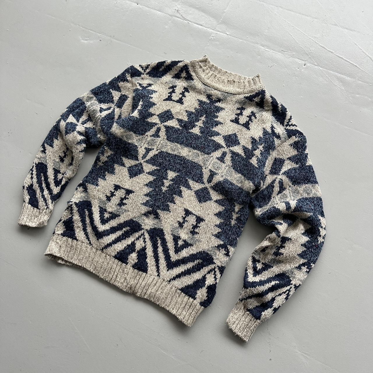 Cream Aztec Patterned 90s Vintage Woollen Knit Jumper - Medium