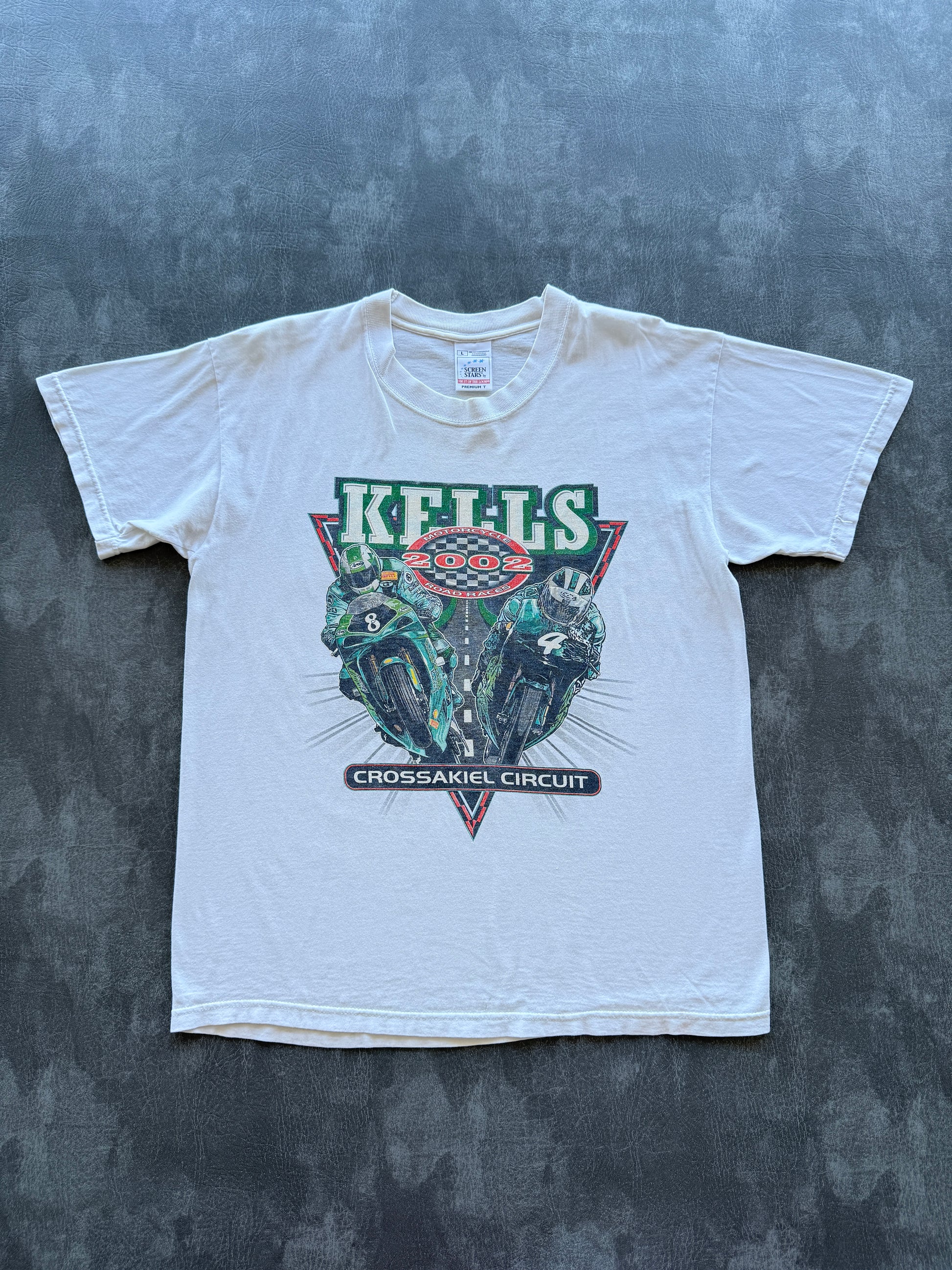 White Kells 2002 Motorcycle Road Races Crossakiel Circuit Y2K Graphic T-Shirt -