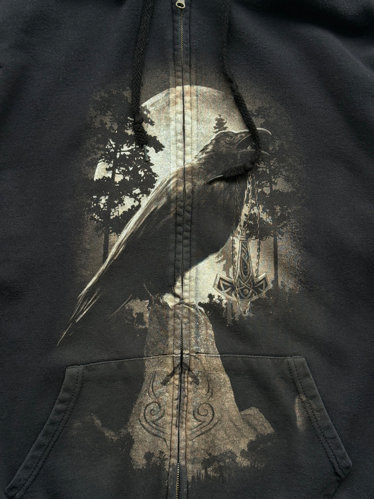 Black Gothic Raven Y2K Vintage Zip-Up Graphic Hoodie - XL