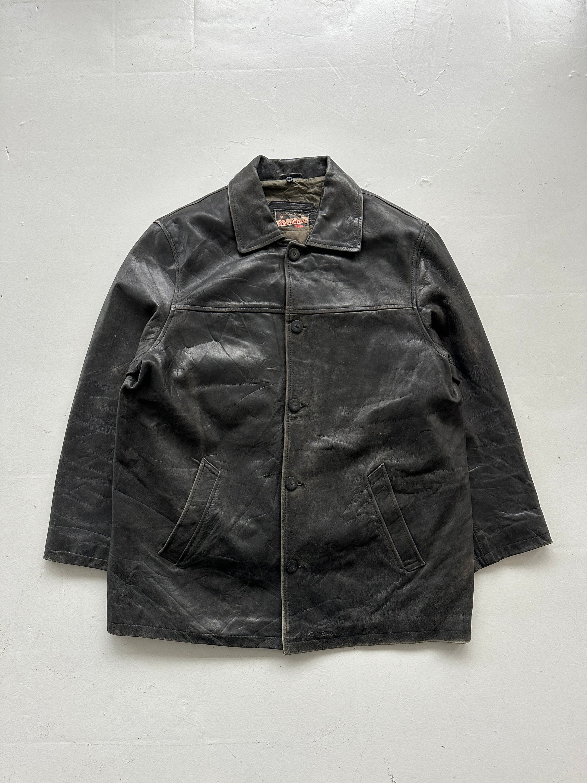 Black Vintage Redskins Leather Jacket 80's 1984 Box Jacket- XL
