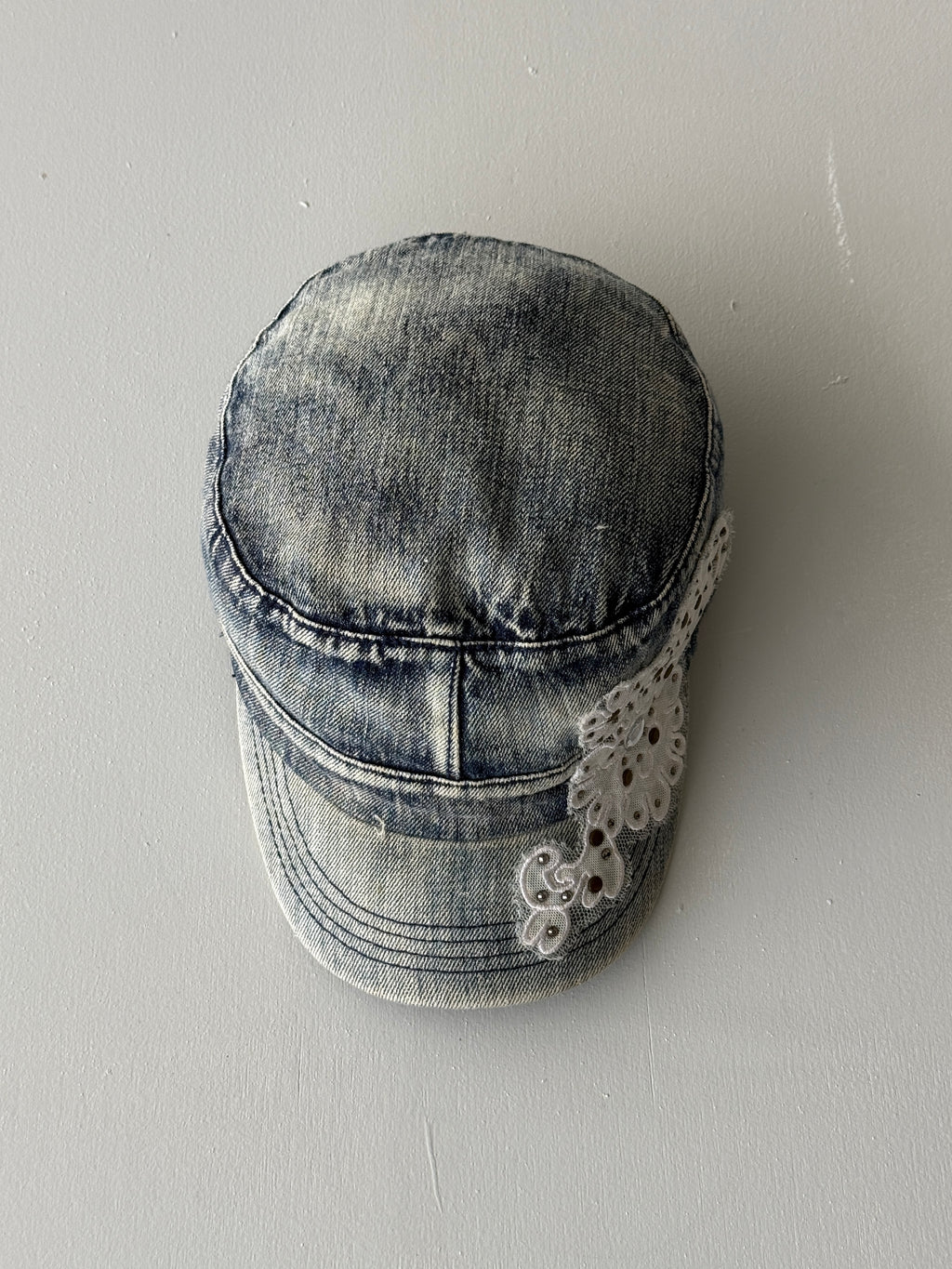 Denim Floral Distressed Y2K Cadet Cap Military Style 00's Grunge Aesthetic