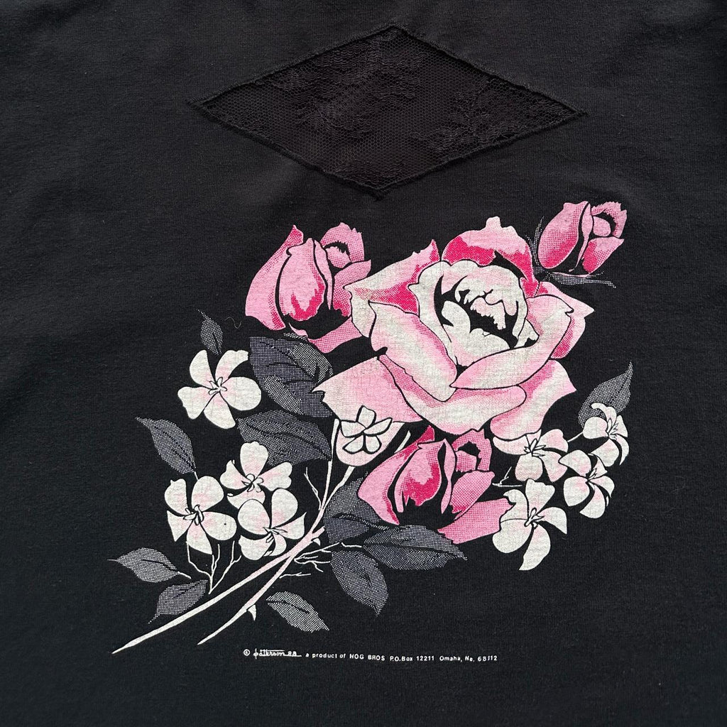 Black Floral Long Sleeve Biker 90s Vintage T-shirt - Medium