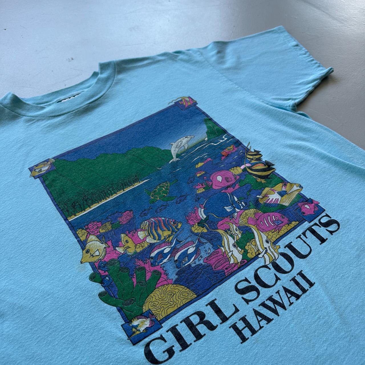 Aqua Blue Girl Scouts Hawaii 90s Vintage T-shirt - XL