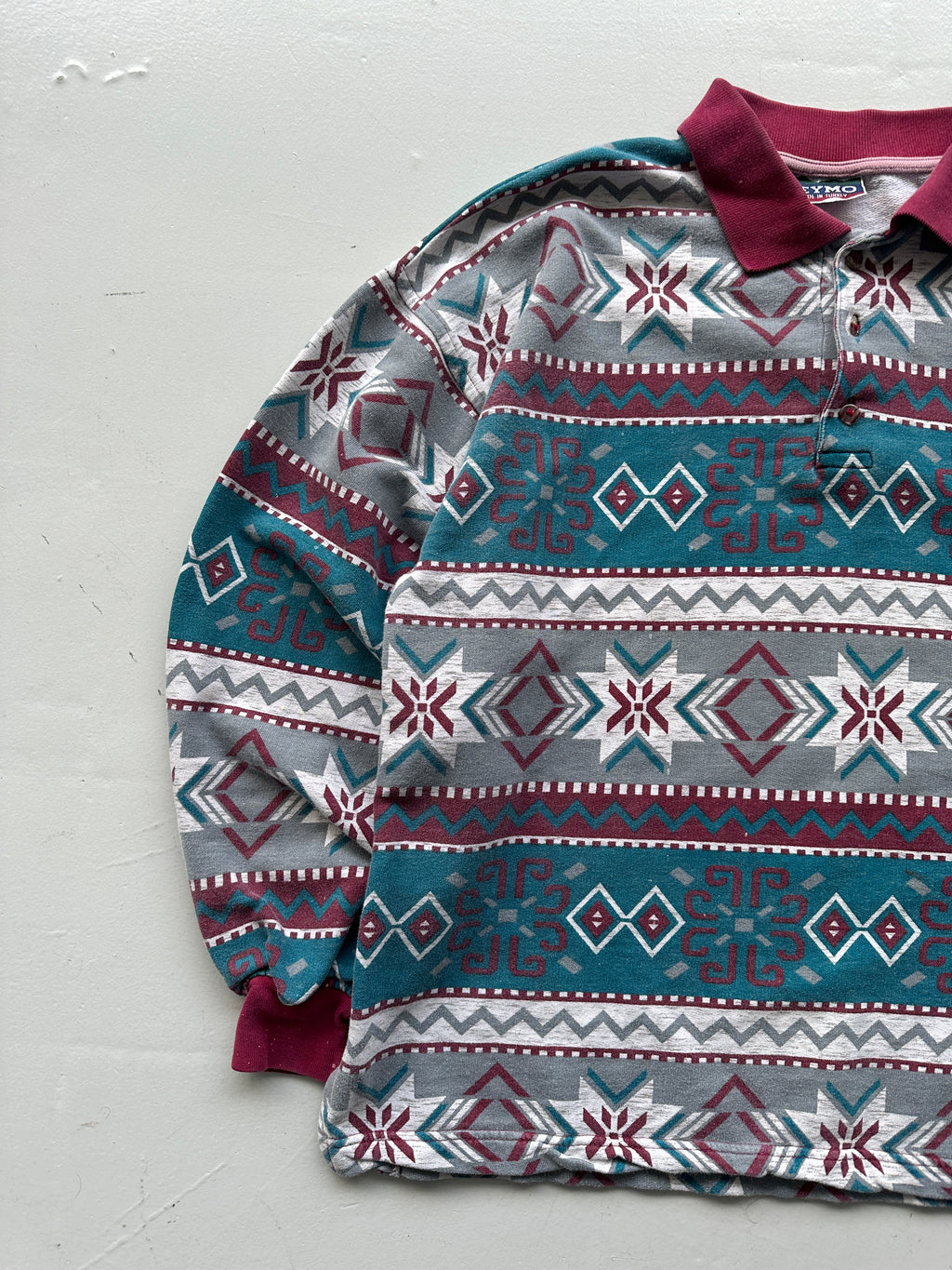 Patterned 90's Quarter Button-Up Vintage Polo Sweatshirt - Small