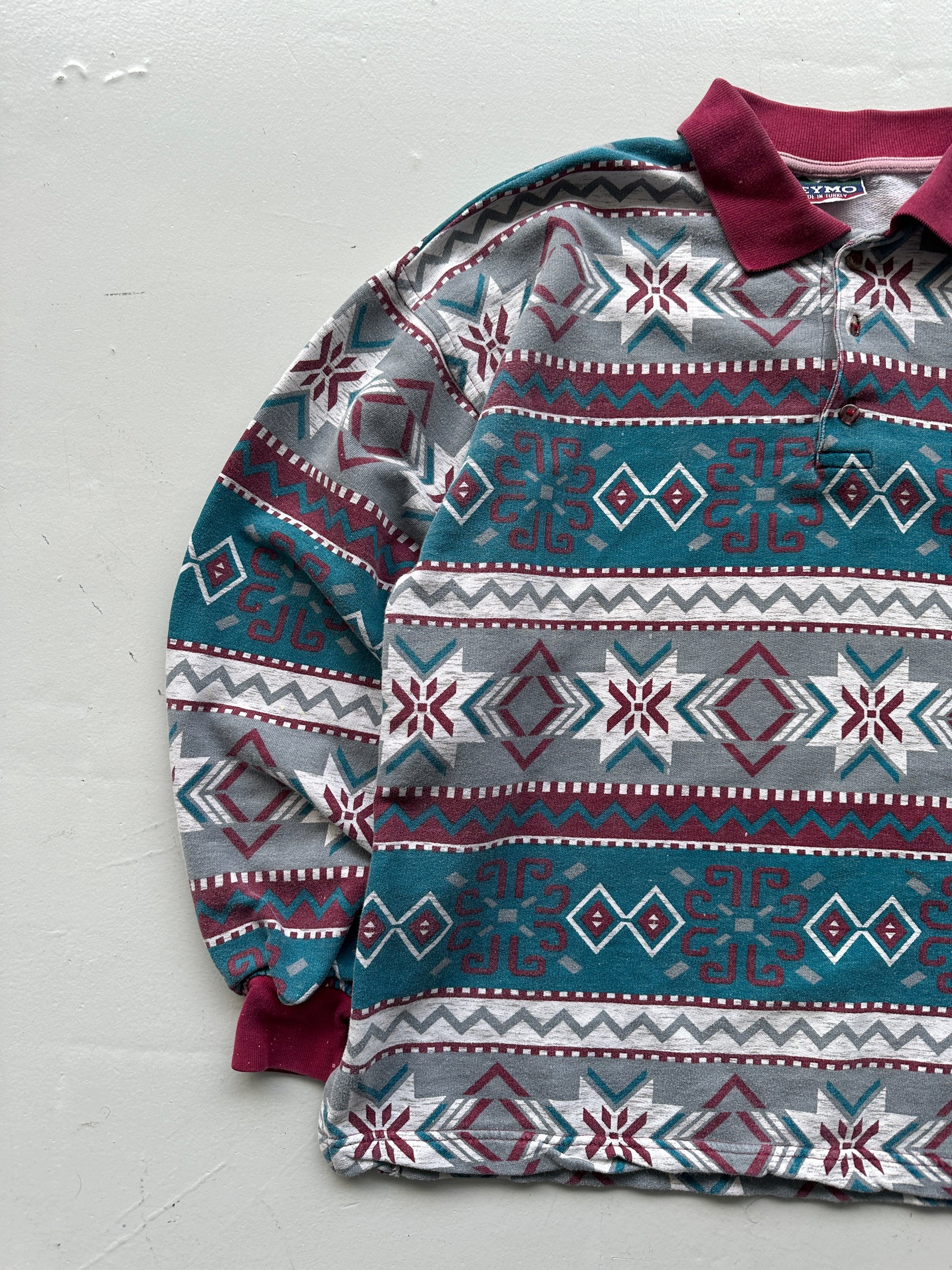 Patterned 90's Quarter Button-Up Vintage Polo Sweatshirt - Small
