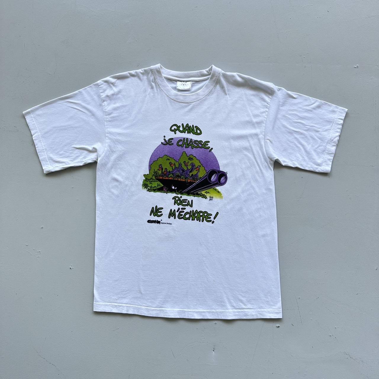 White Novelty Ducks French Cartoon Vintage 90's T-shirt - Large