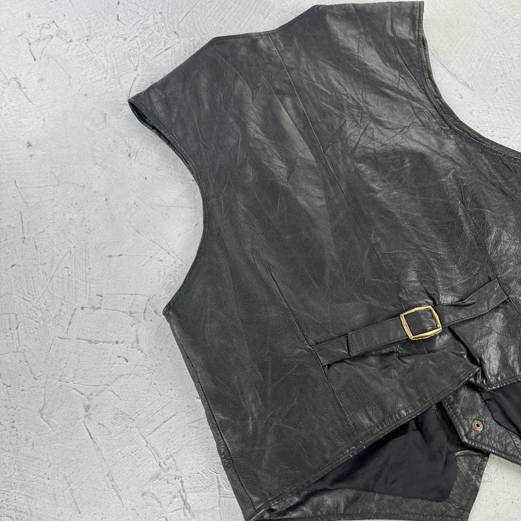 Black Leather 90s Western Waistcoat - Medium
