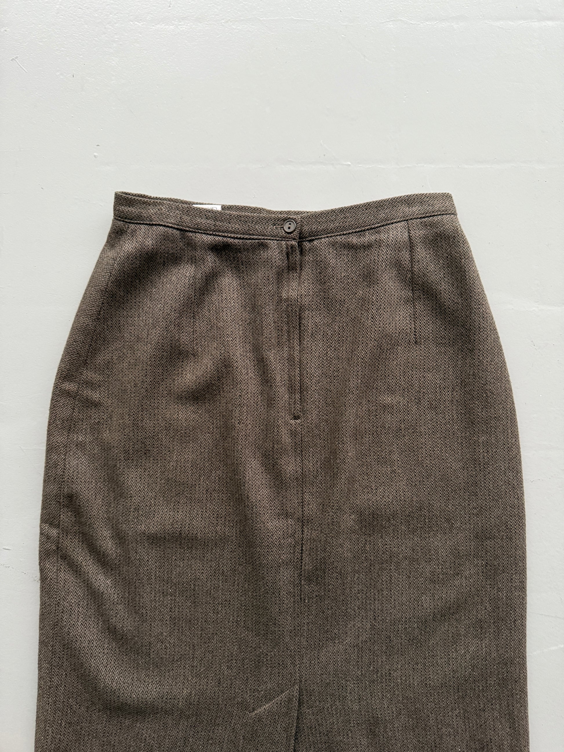 Brown Woollen 80's Vintage Midi High Waisted Pencil Skirt - UK 14
