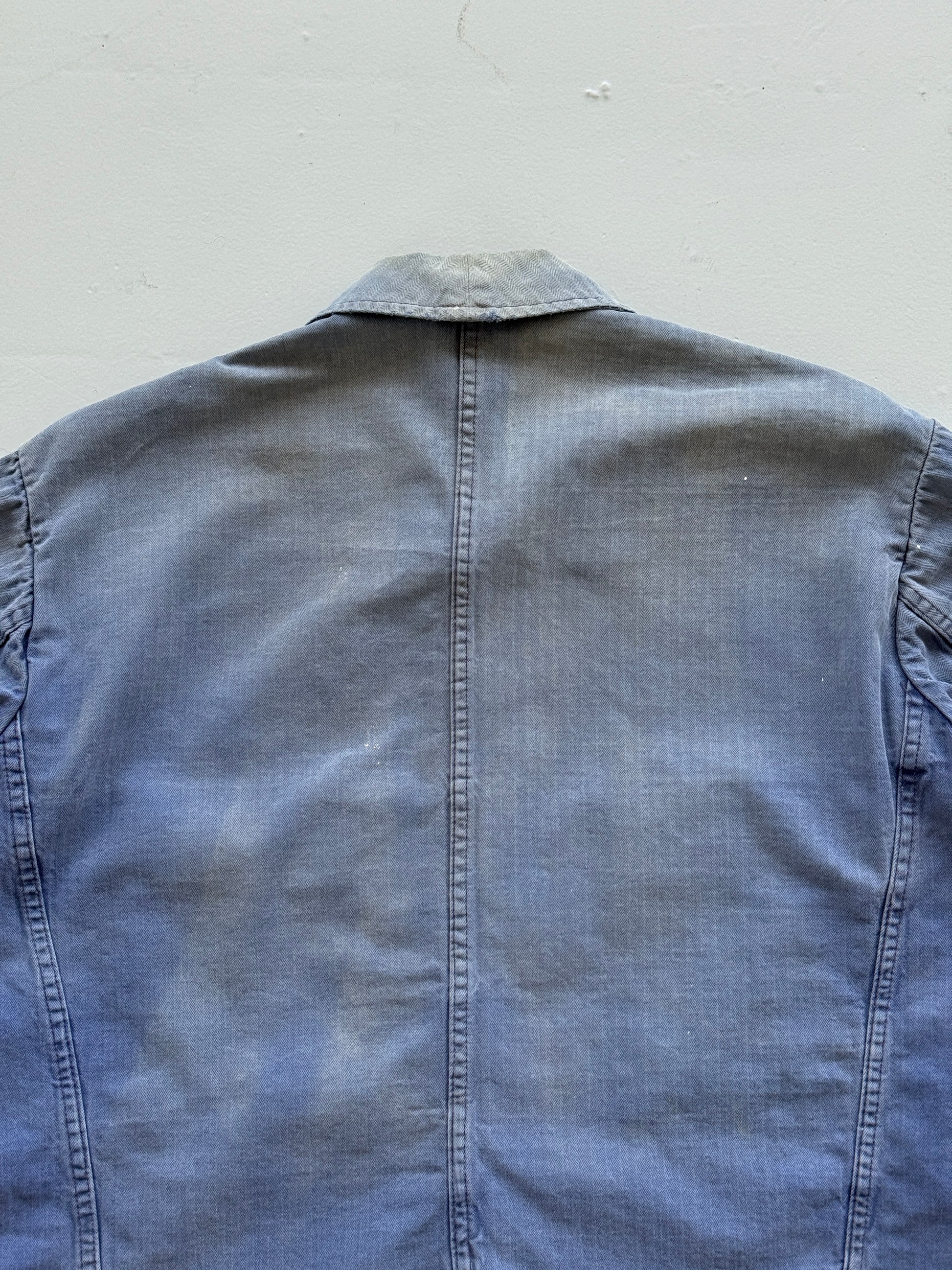Thrashed Blue Herringbone French Vintage Workwear Chore Jacket CH368 - Small