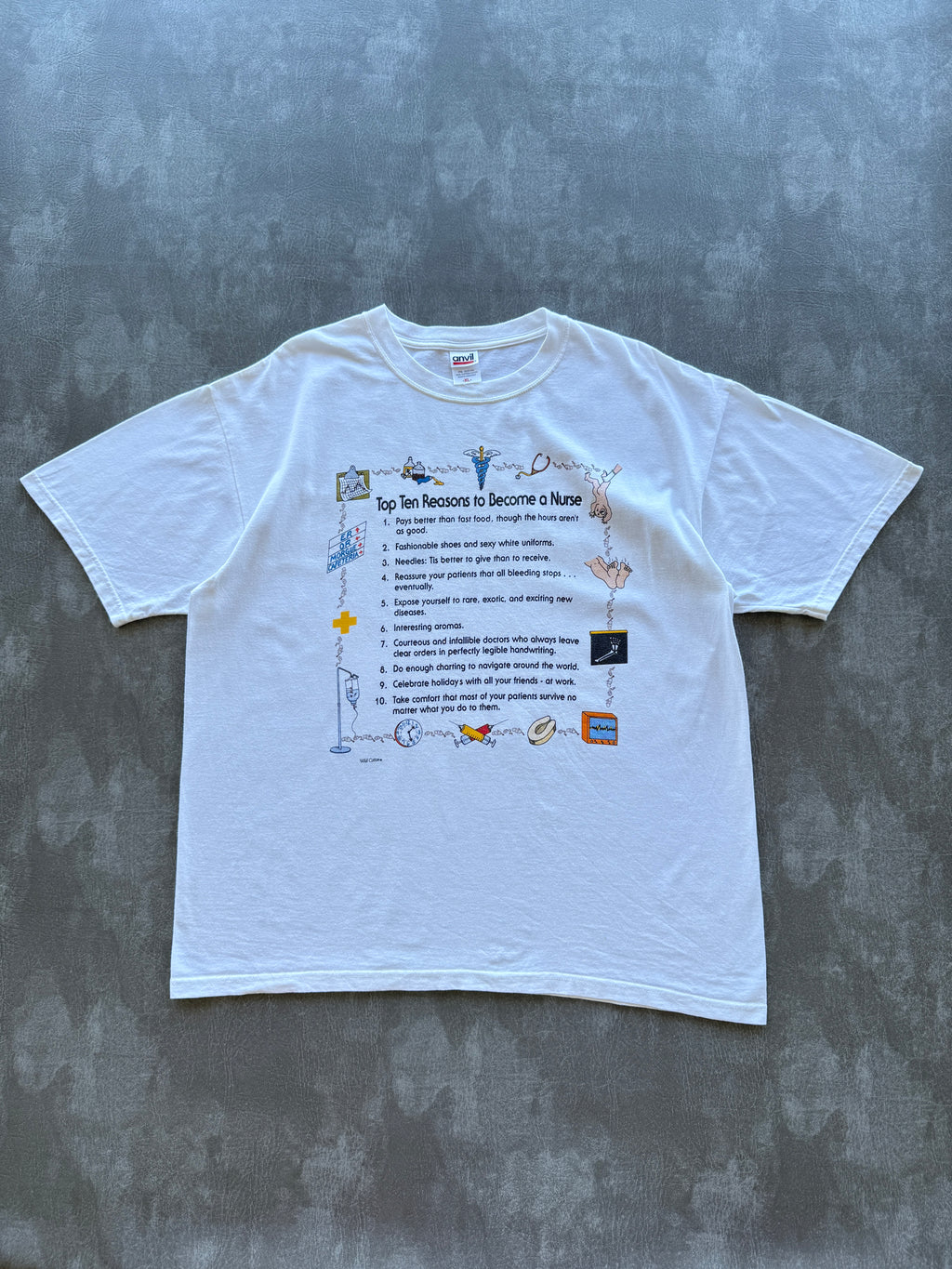 White Top Ten Reasons to Become a Nurse 90's Vintage Graphic T-Shirt - XL