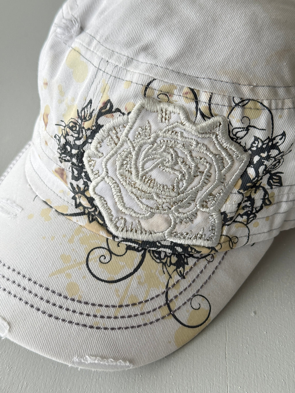 White Rose Y2K Cadet Cap Military Style 00's Grunge Aesthetic