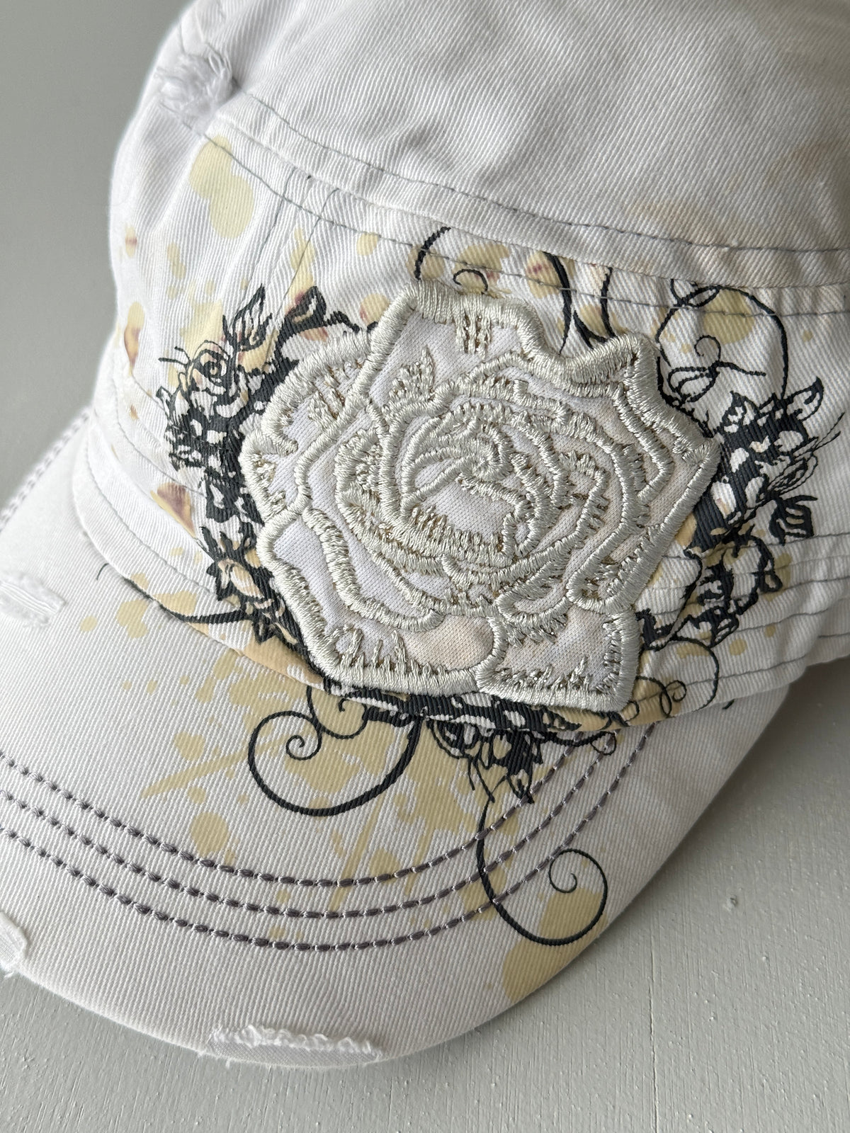 White Rose Y2K Cadet Cap Military Style 00's Grunge Aesthetic