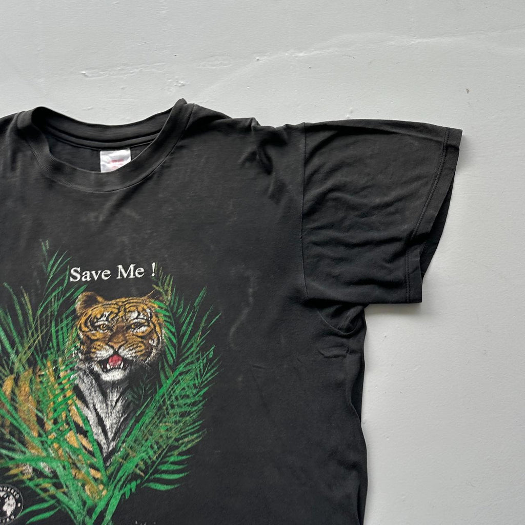 Black Faded Tiger Save me 90s Vintage T-shirt - Boxy XL