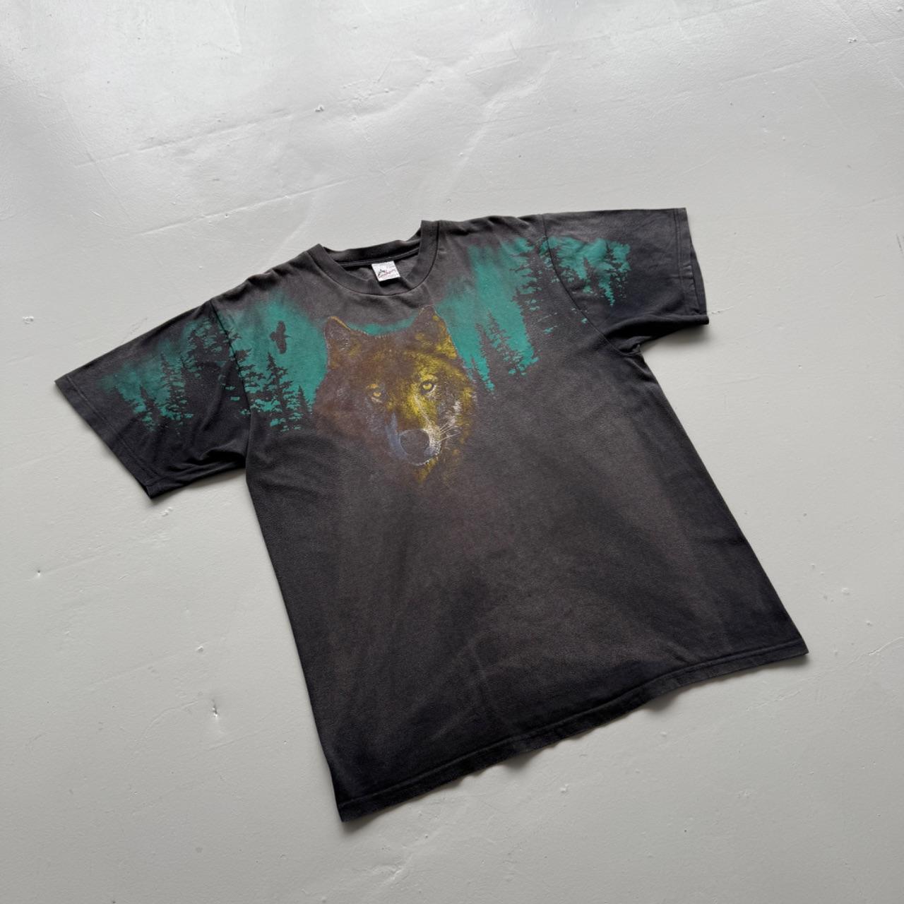 Faded Black Wolf 90s Vintage Graphic T-Shirt - Large