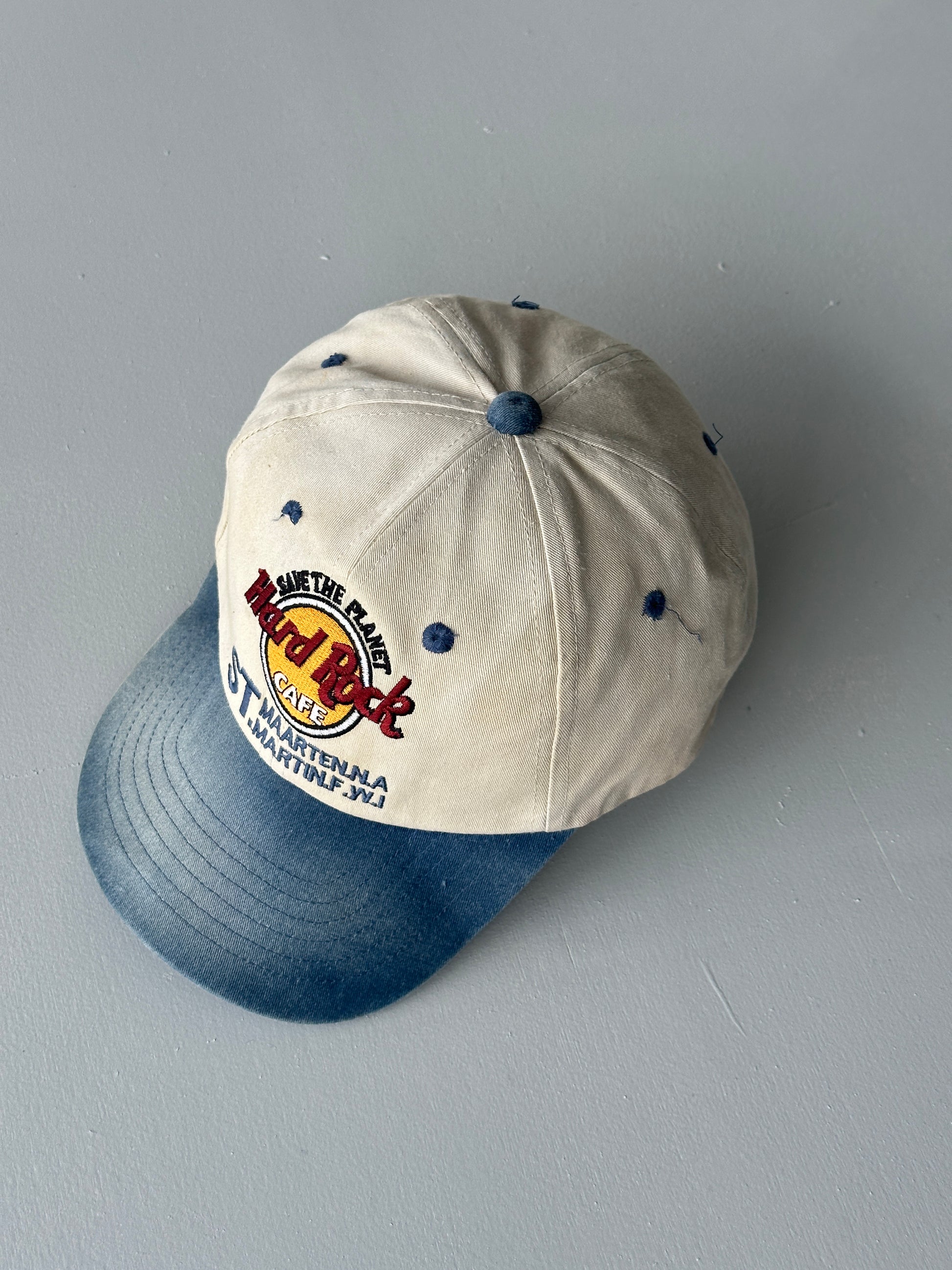 Cream / Blue Hard Rock Cafe St. Maarten 90's Vintage SnapBack Trucker Cap