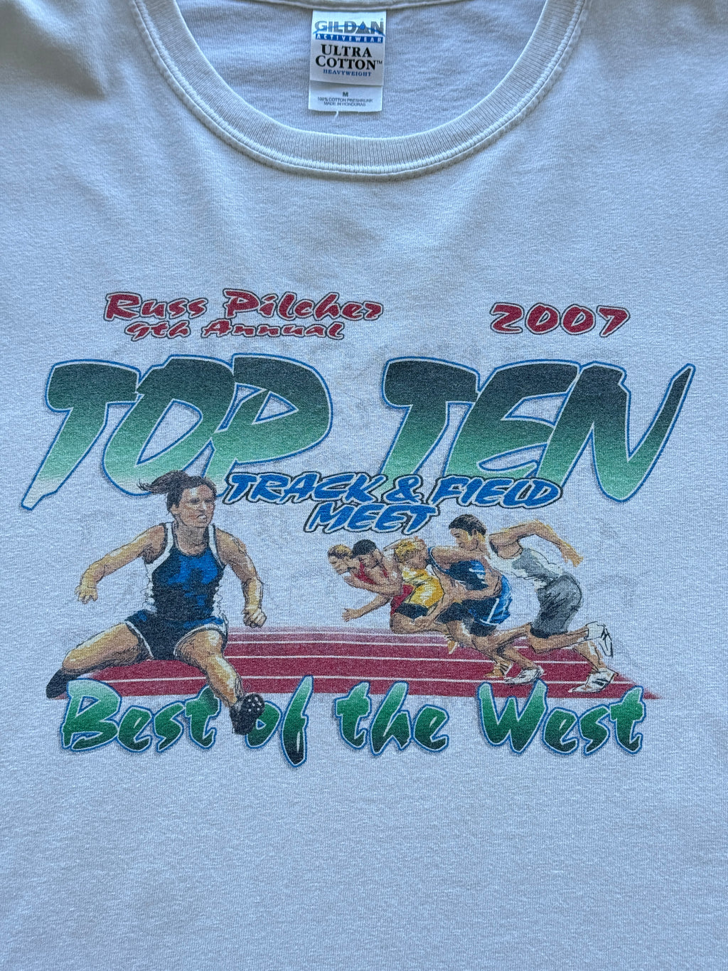 White Top Ten Track & Field Meet 2007 Vintage Graphic T-Shirt - Medium