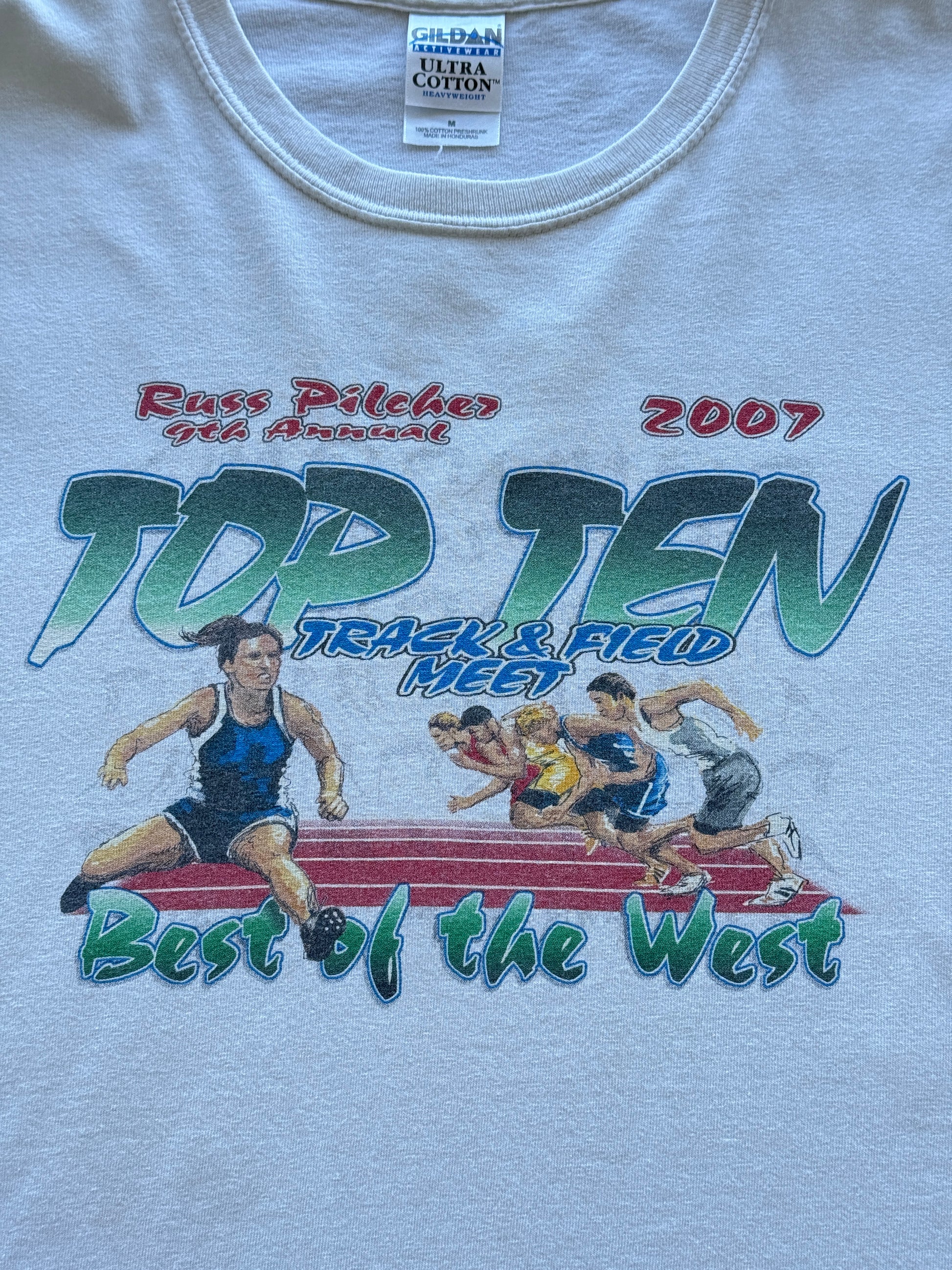 White Top Ten Track & Field Meet 2007 Vintage Graphic T-Shirt - Medium