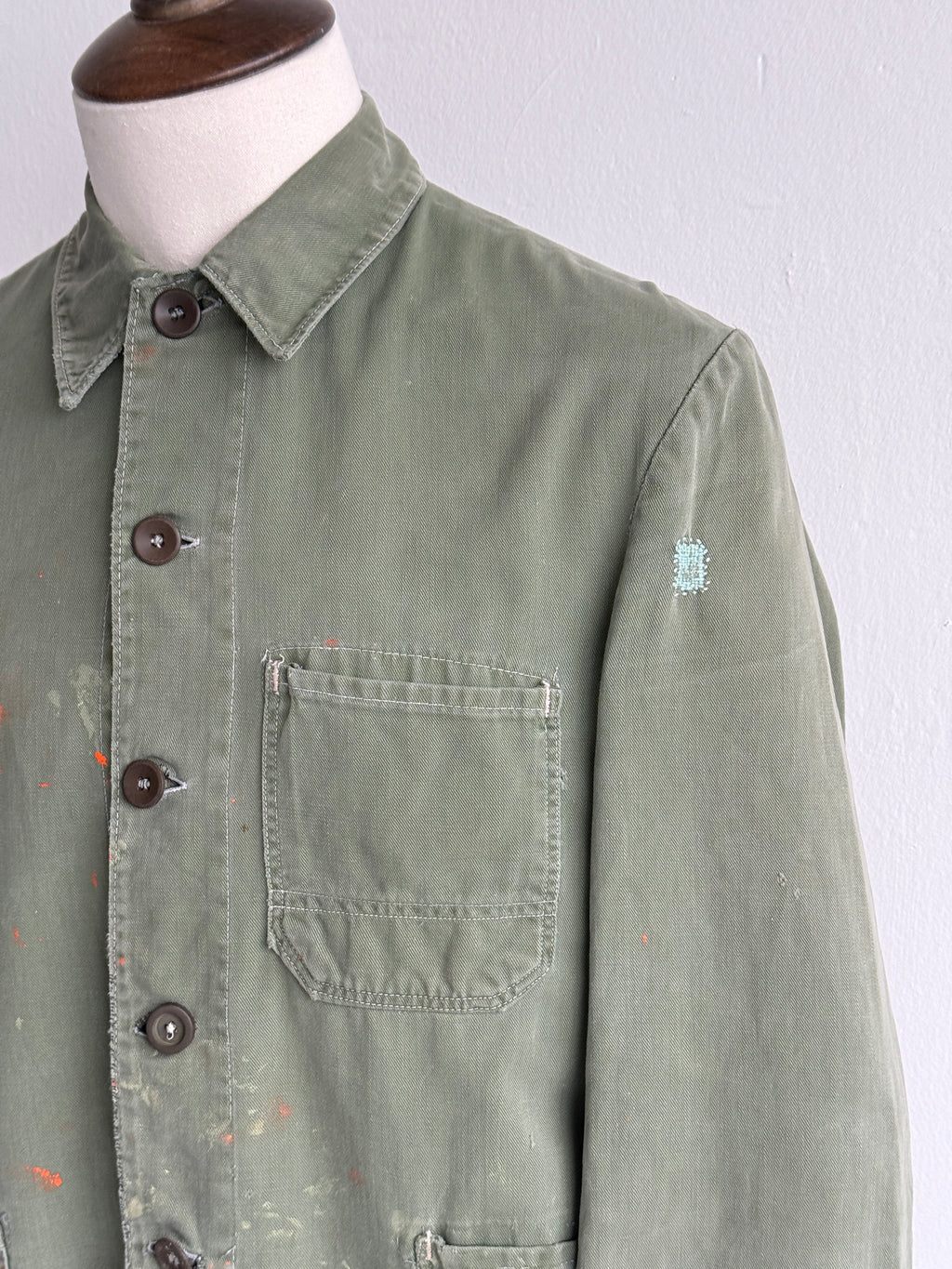 Green French Sashiko Repaired 1950s Vintage Workwear Chore Jacket CH366 - Small