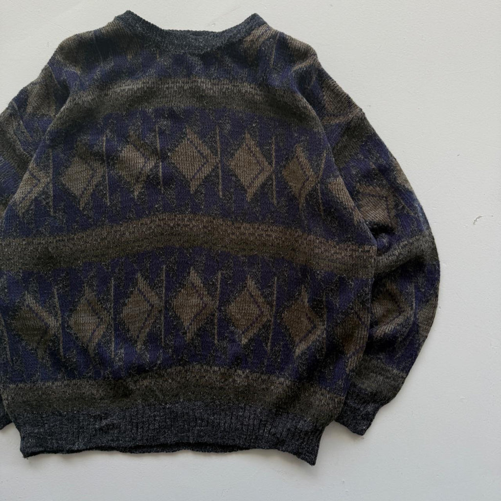 Navy Blue Patterned 90's Vintage Woollen Knit Jumper - XL