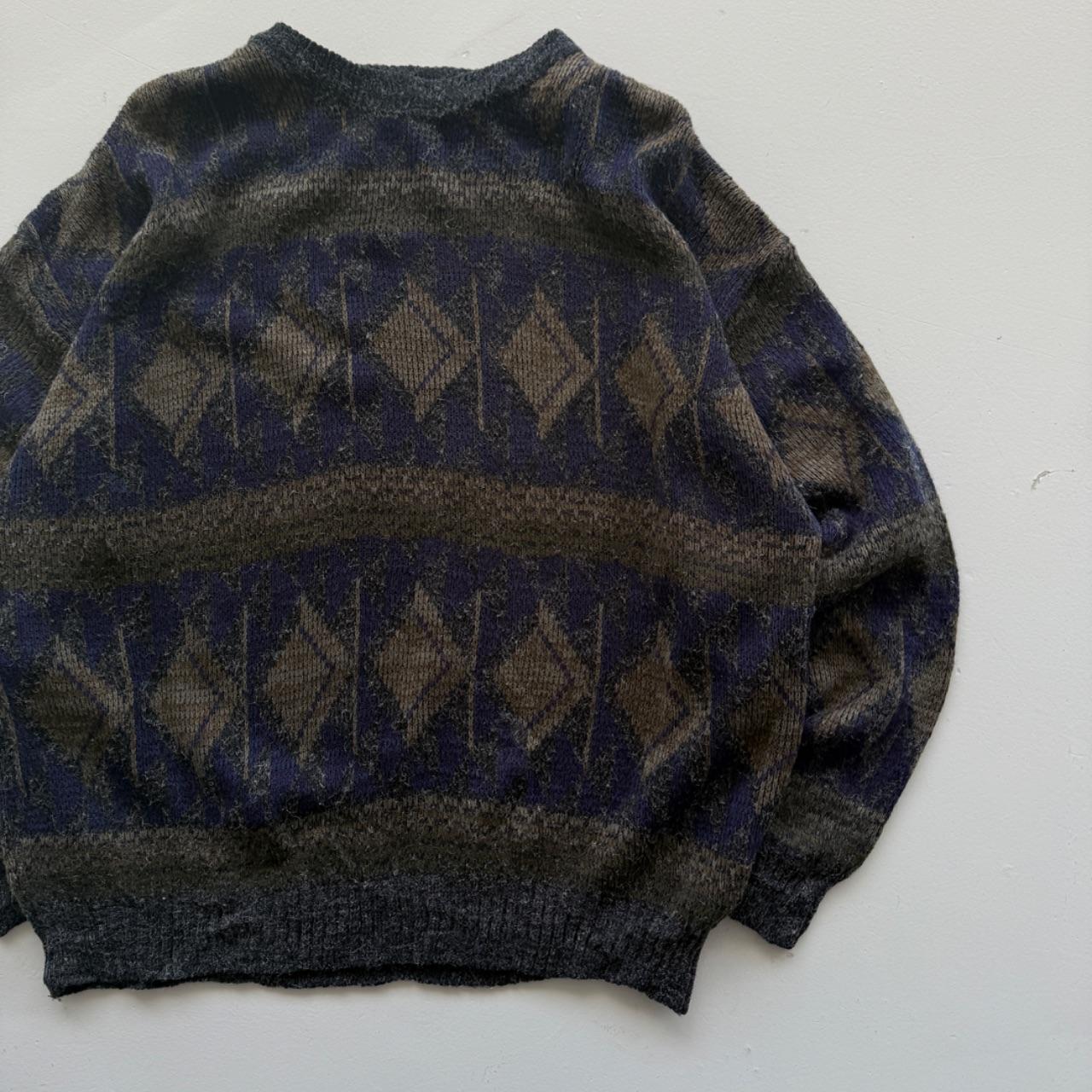 Navy Blue Patterned 90's Vintage Woollen Knit Jumper - XL