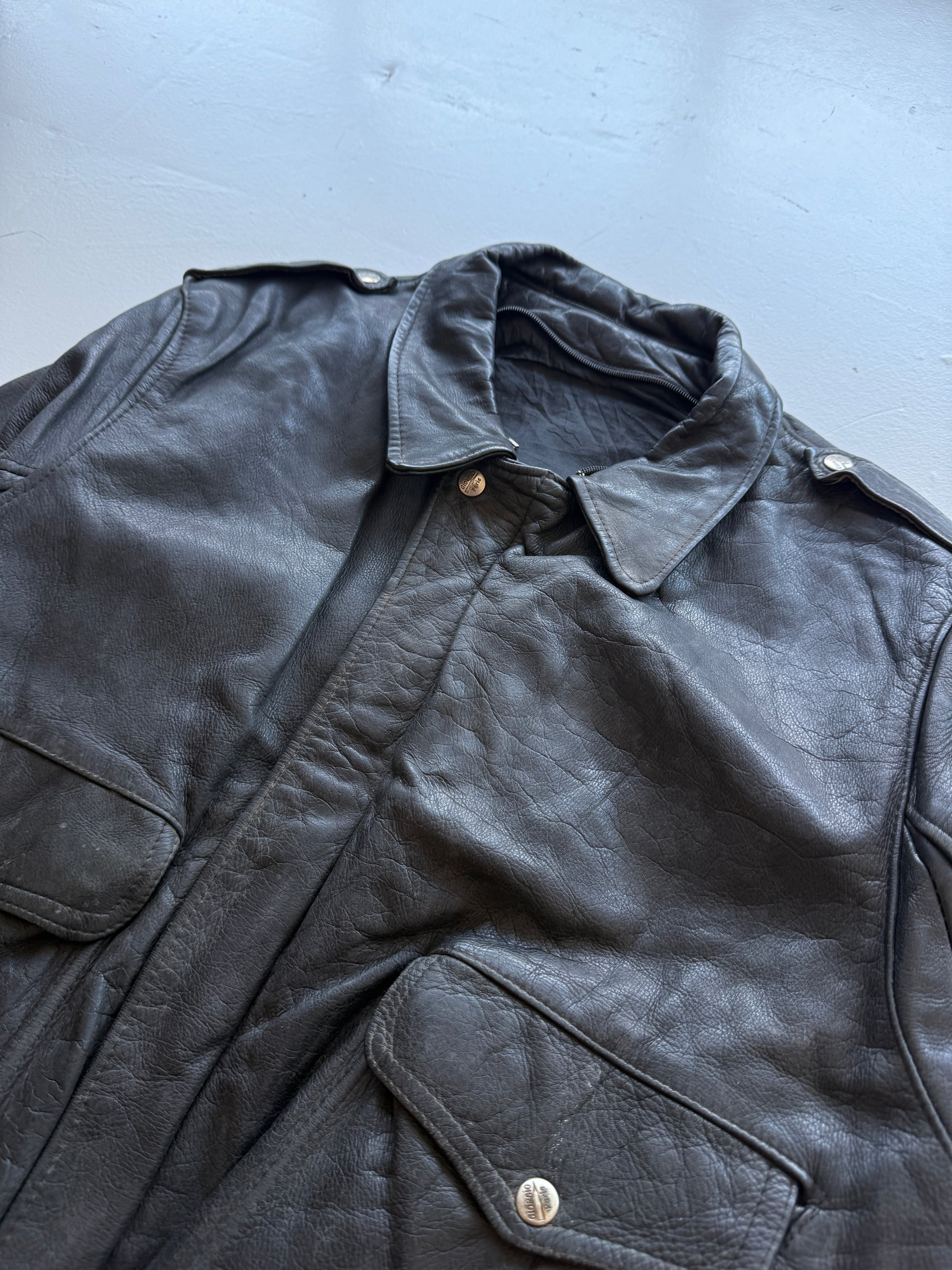 Black 90s Leather A2 Aviation Vintage Bomber Jacket - Large