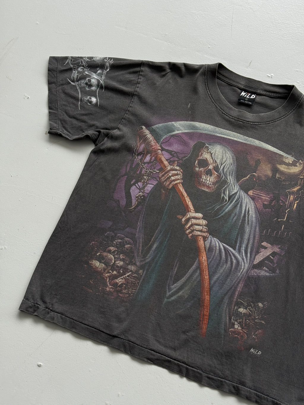 Grey Sun Faded Grim Reaper 90's Vintage Gothic Single Stitch T-Shirt- Boxy Large