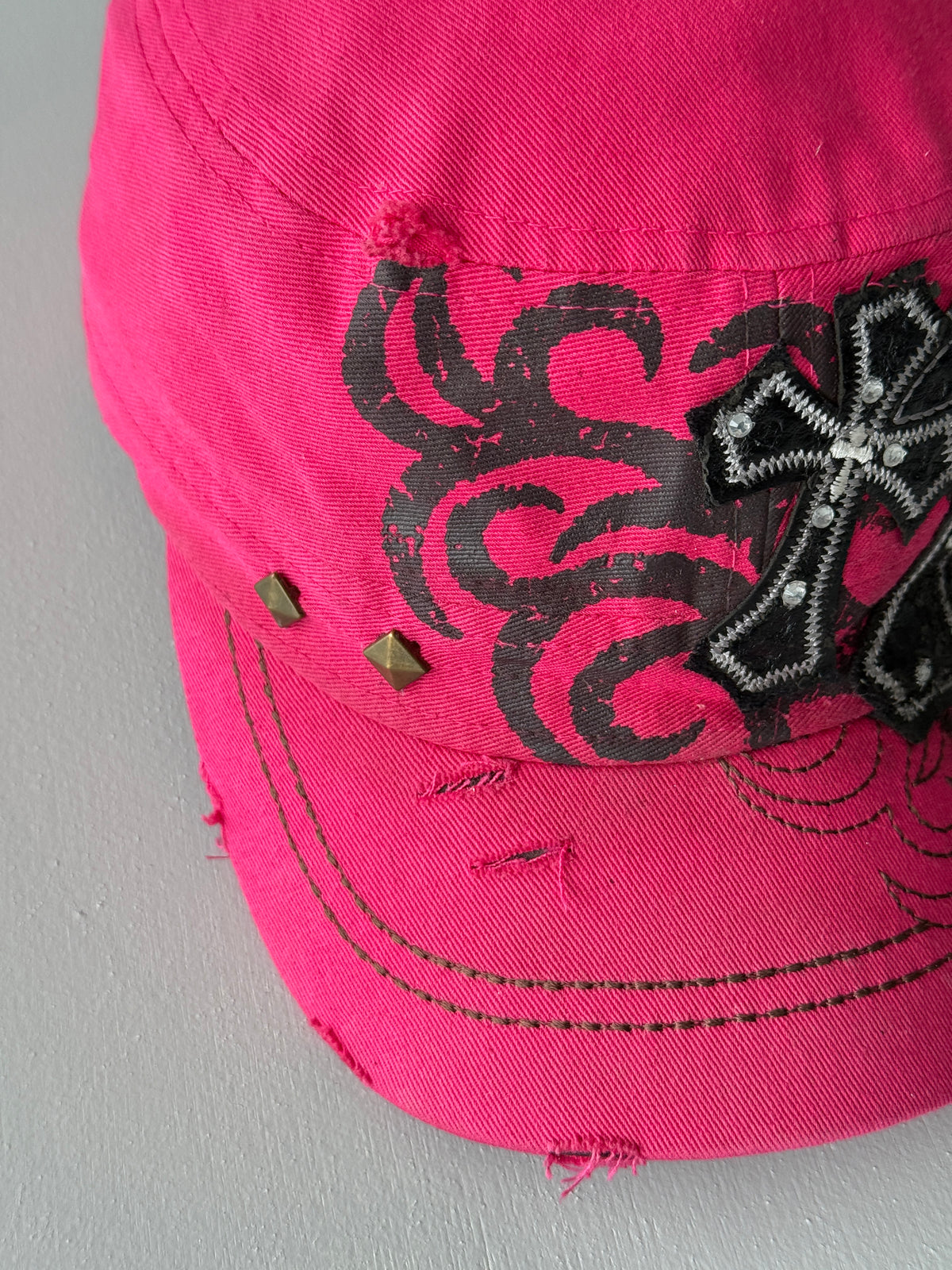 Pink Crucifix Y2K Cadet Cap Military Style 00's Grunge Aesthetic
