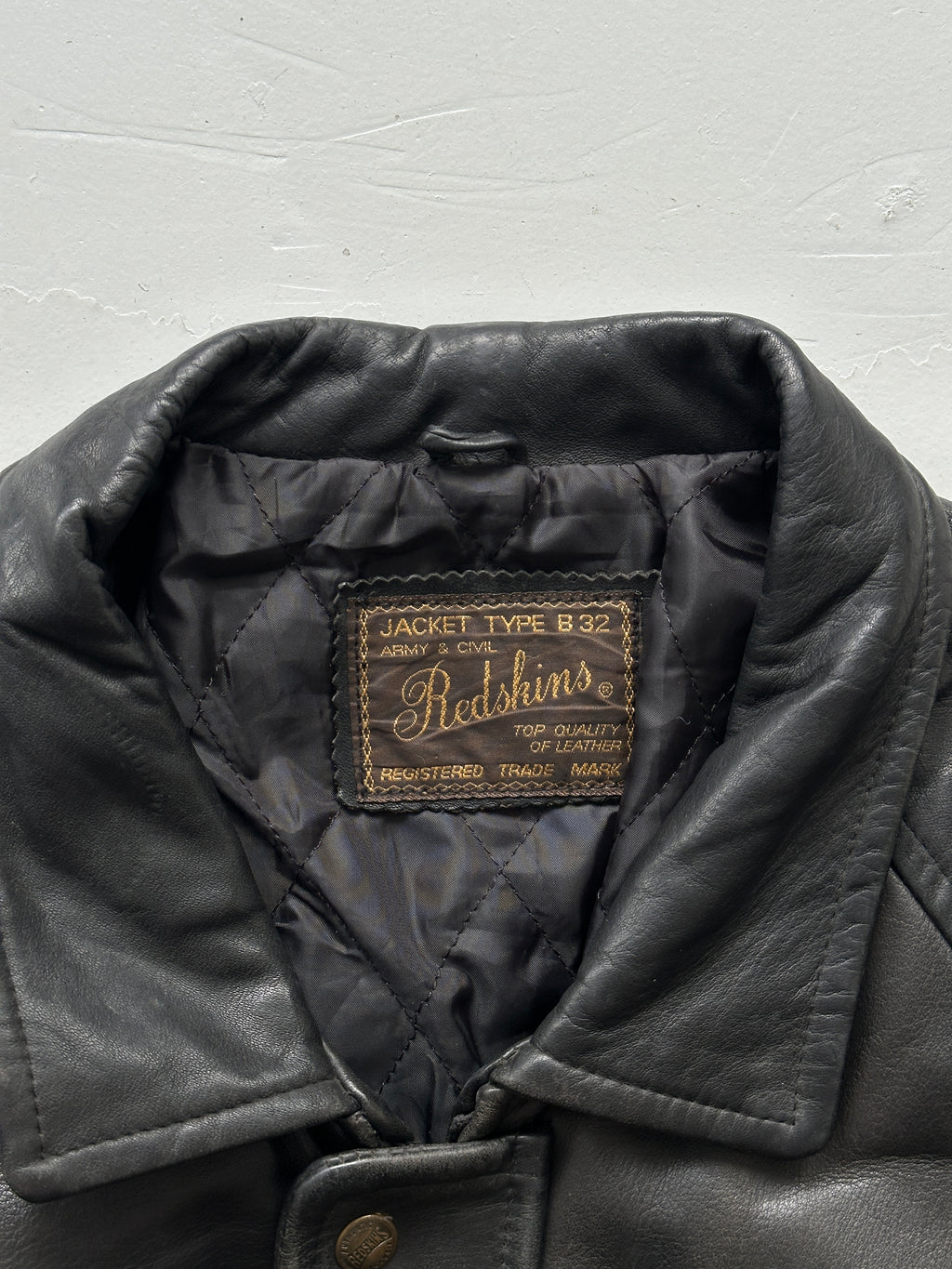 Black Vintage Redskins Leather Jacket 90's Army & Civil B32 - Large