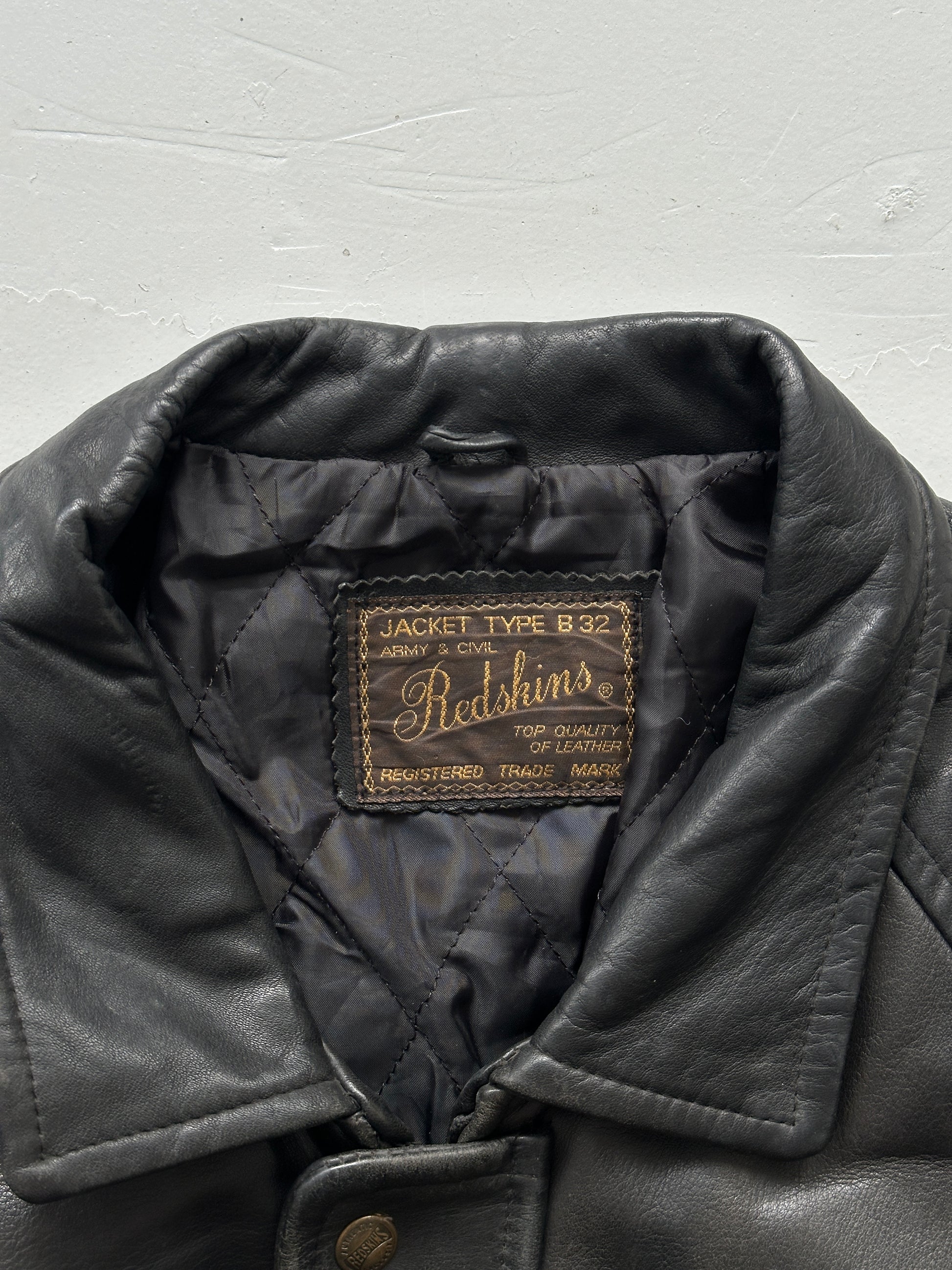 Black Vintage Redskins Leather Jacket 90's Army & Civil B32 - Large