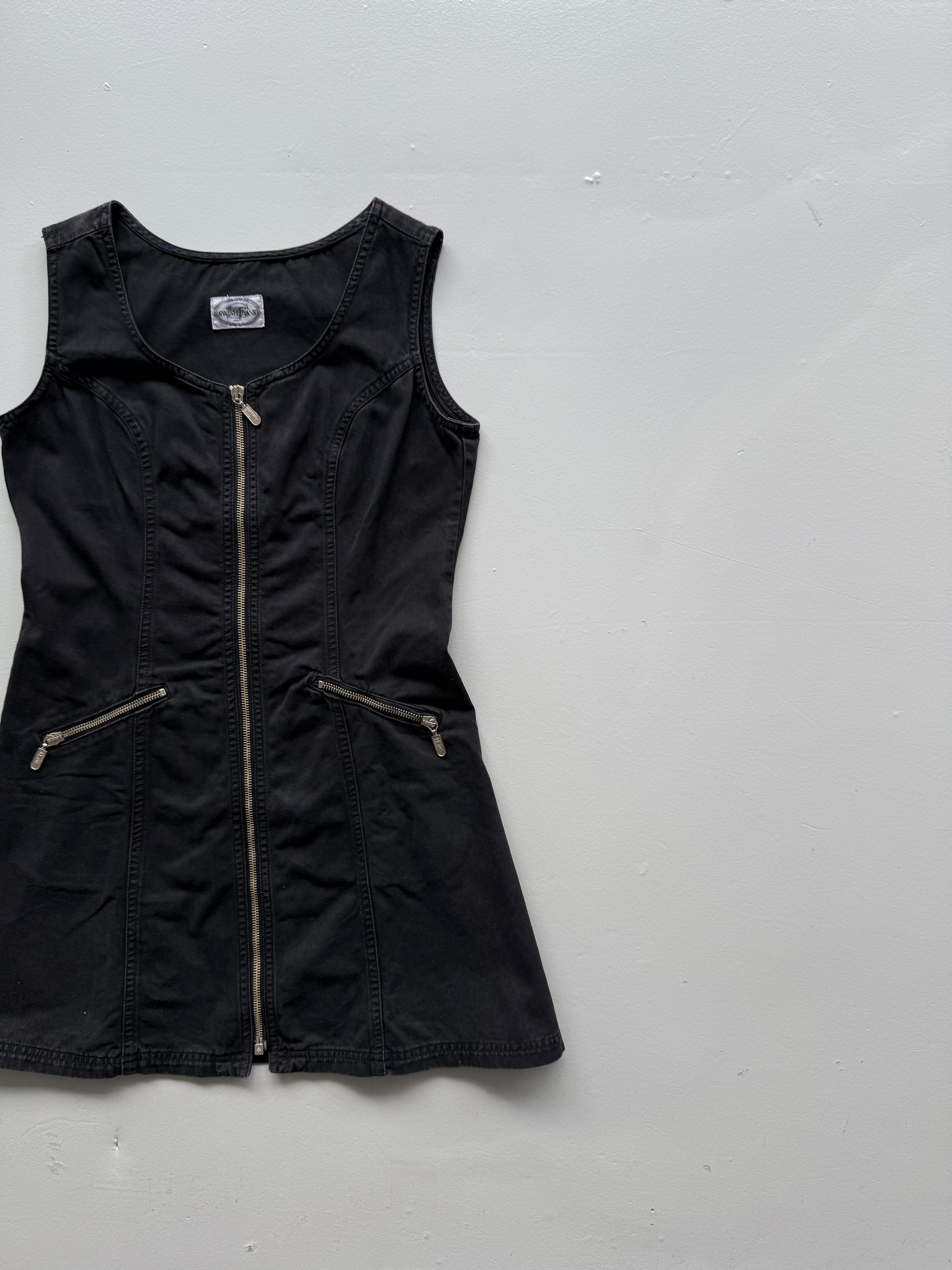 Black Swish Jeans 00's Vintage Y2K Pinafore Mini Dress - Size 8