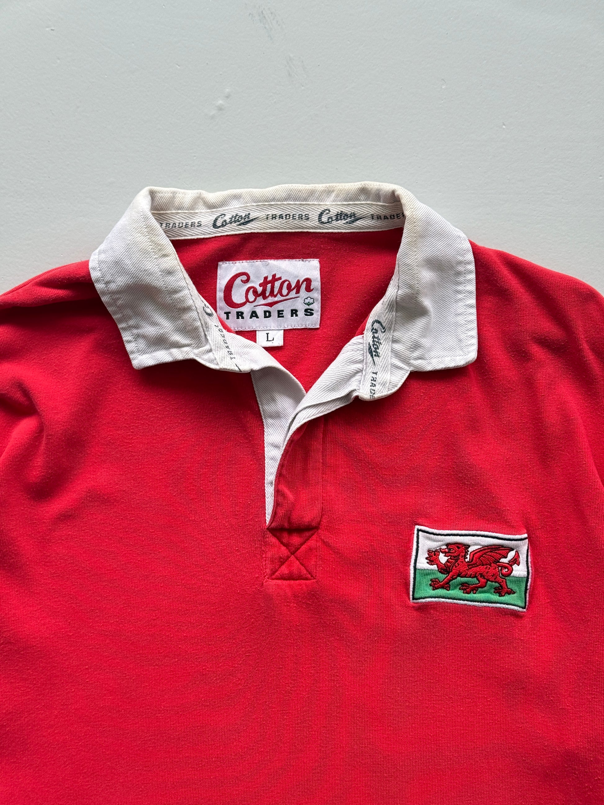 Red Wales Rugby 90's Vintage Cotton Traders Long Sleeve Polo Jersey - Medium