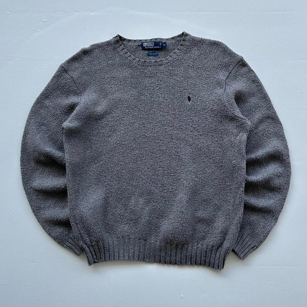 Grey Polo Ralph Lauren Knitted Chenille Cotton 90s Sweatshirt - Boxy Large