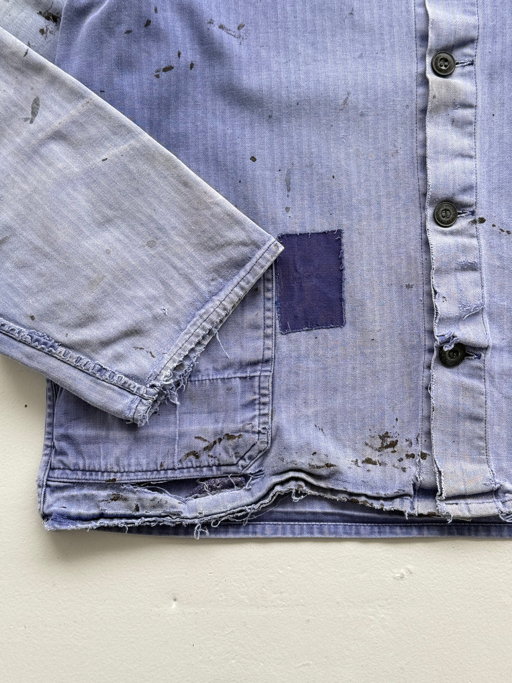 Thrashed Blue Herringbone 60's French Vintage Workwear Chore Jacket CH382 - Smal