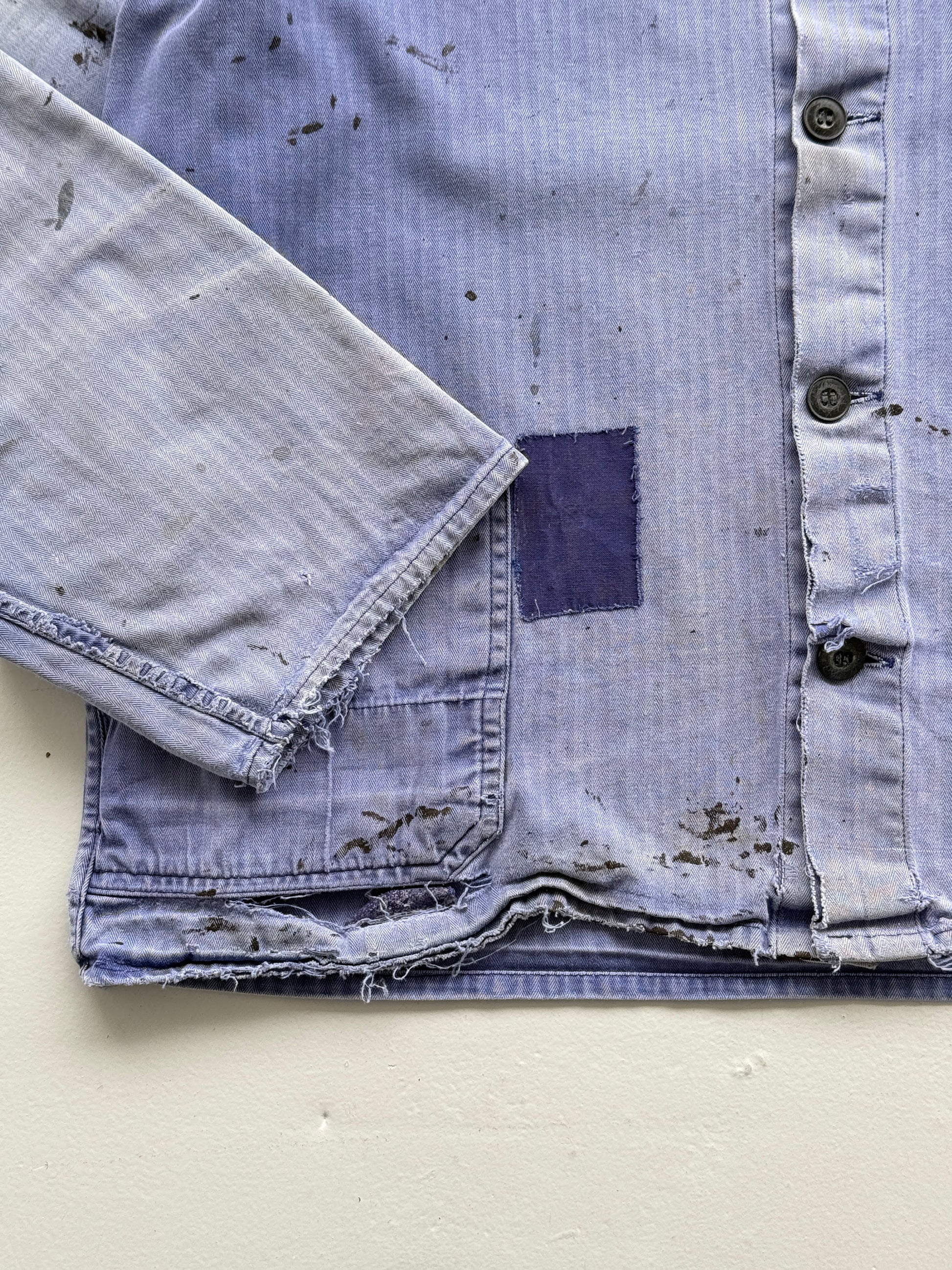 Thrashed Blue Herringbone 60's French Vintage Workwear Chore Jacket CH382 - Smal