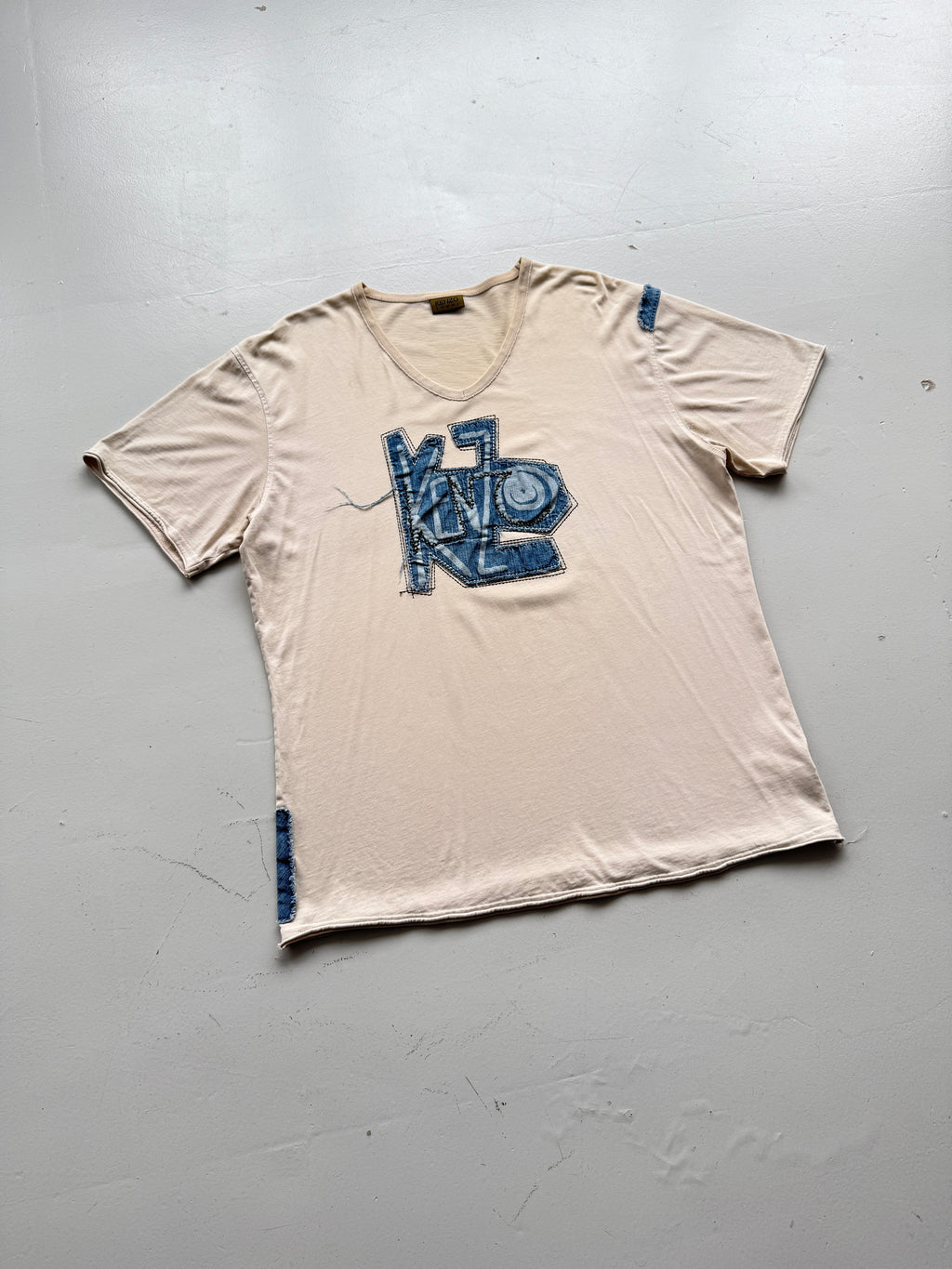 Beige Kenzo Y2K Denim Embroidered V-Neck T-Shirt 00's Vintage
