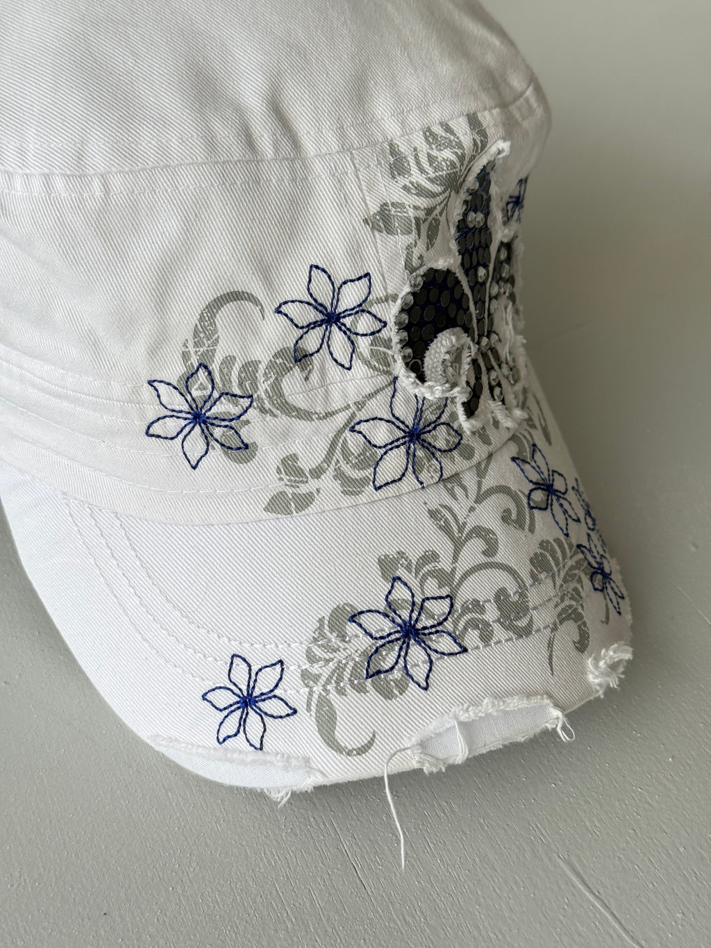 White Floral Y2K Cadet Cap Military Style 00's Grunge Aesthetic