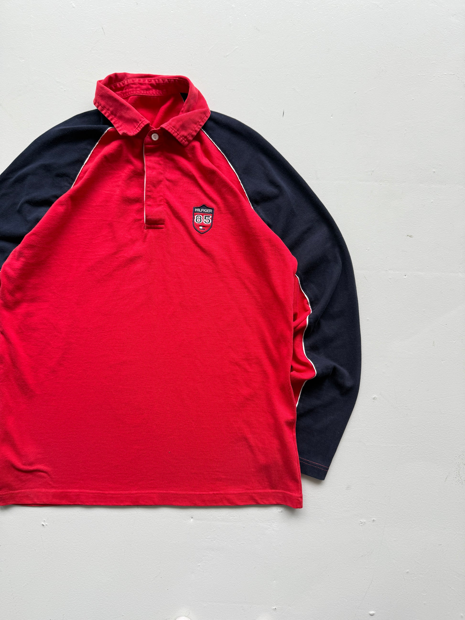 Red Tommy Hilfiger 00's Vintage Y2K Long Sleeve Rugby Polo Shirt - Medium