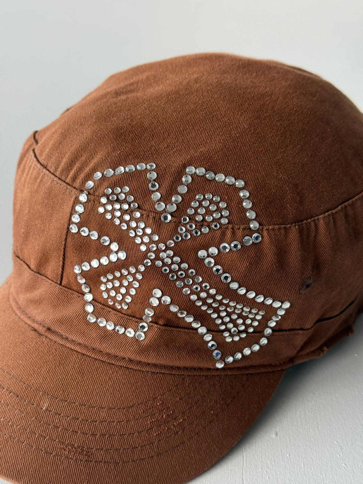 Brown Cross Studded Surf Y2K Cadet Cap Military Style 00's Grunge Aesthetic