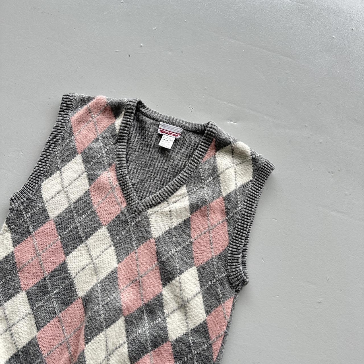 Pink and Grey Argyle 90s Vintage Woollen Sweater Vest - Medium