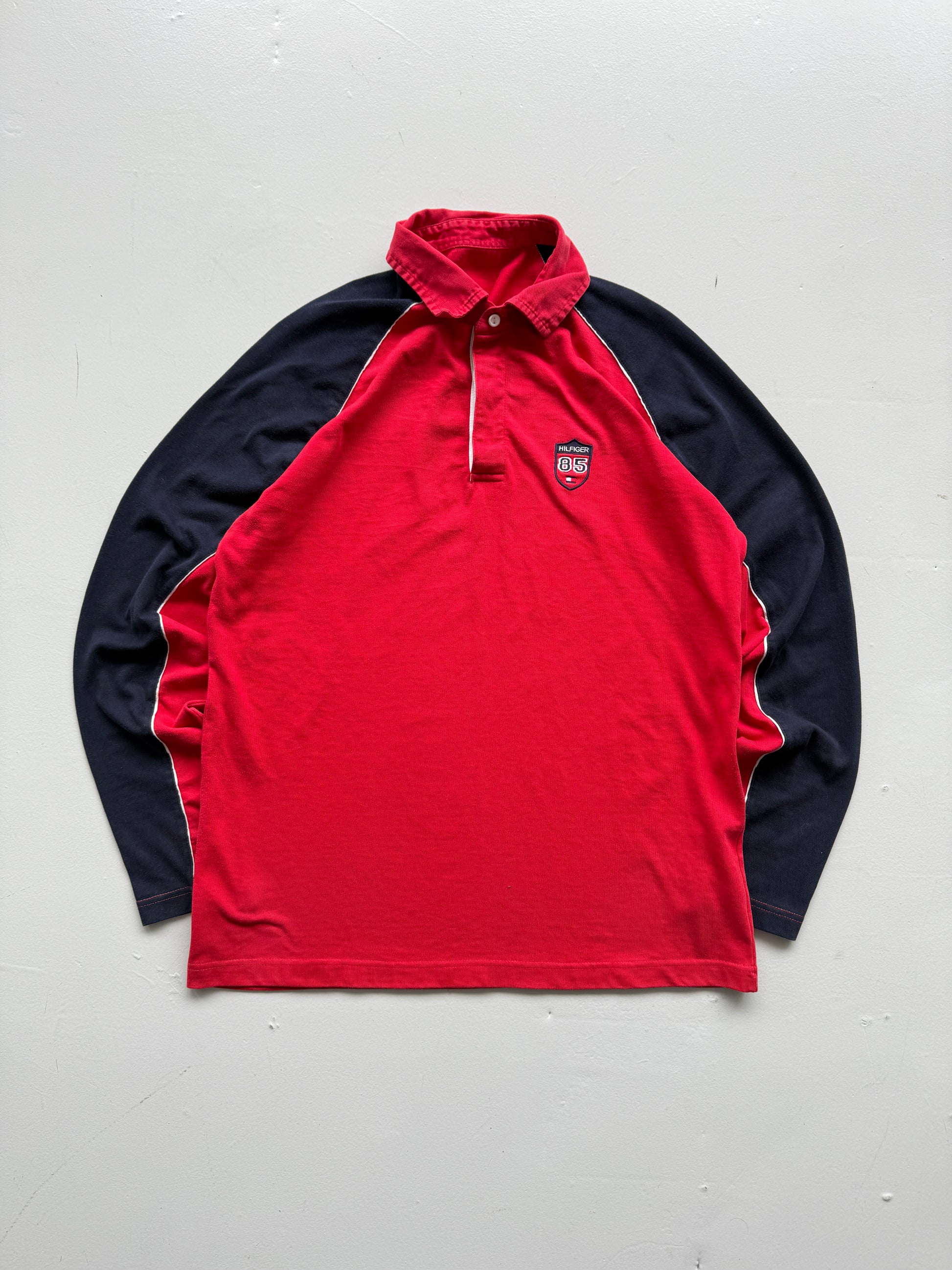 Red Tommy Hilfiger 00's Vintage Y2K Long Sleeve Rugby Polo Shirt - Medium