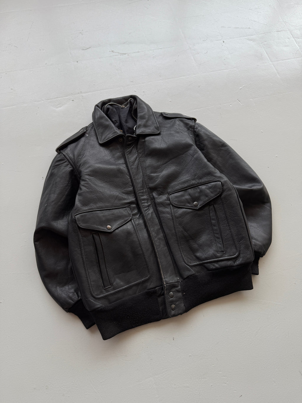 Black A2 Leather Vintage Aviation Bomber Jacket 003 - Medium