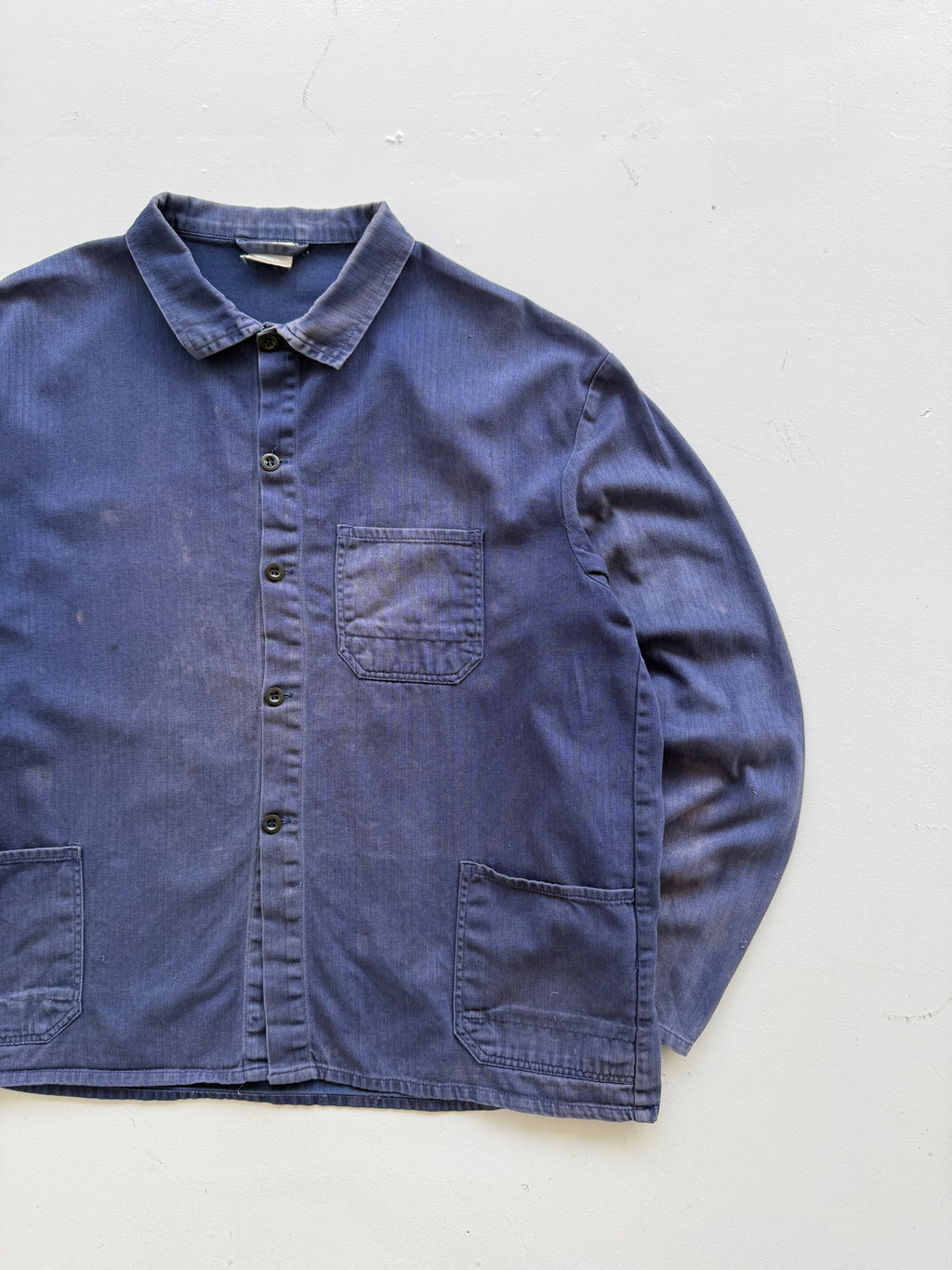 Thrashed Blue Herringbone French Vintage Workwear Chore Jacket CH363 - Large
