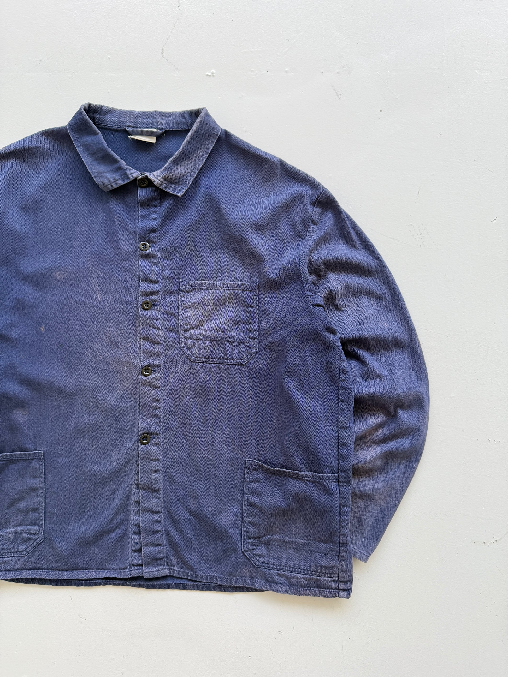 Thrashed Blue Herringbone French Vintage Workwear Chore Jacket CH363 - Large