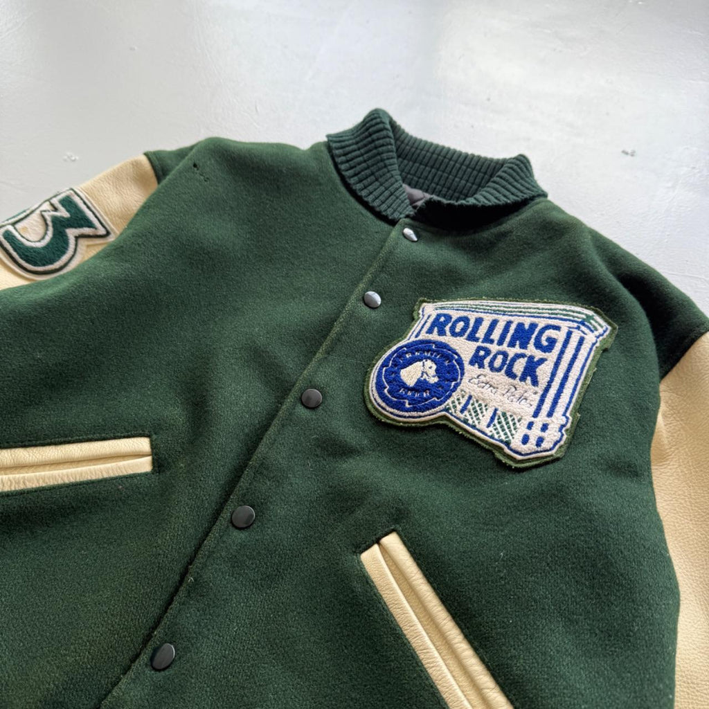 Green Rolling Rock Beer 80s Wool Leather Varsity Jacket - Medium