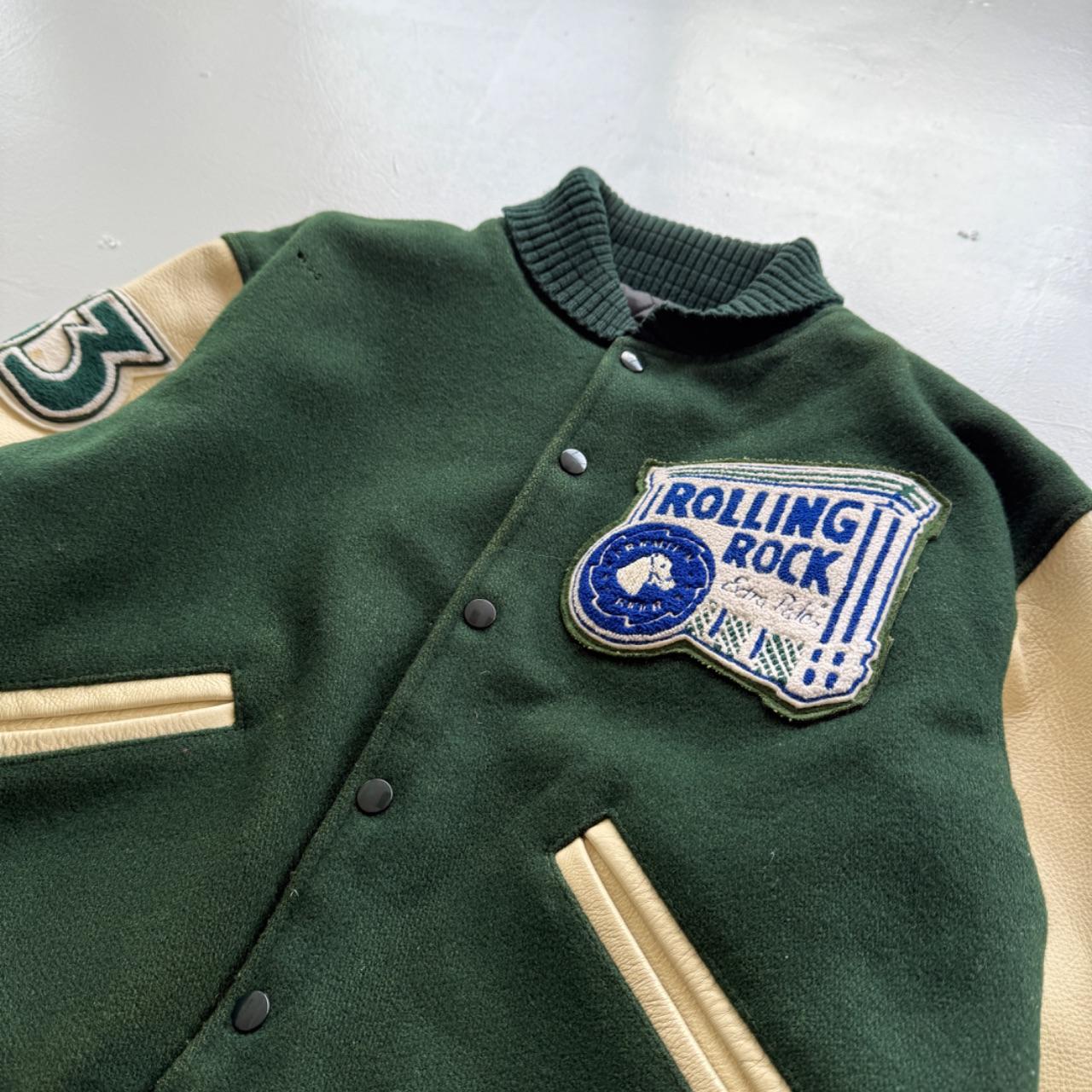 Green Rolling Rock Beer 80s Wool Leather Varsity Jacket - Medium